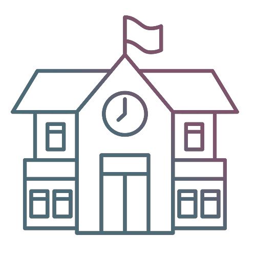 Outline drawing of a school building with a clock on the front and a flag on the roof.