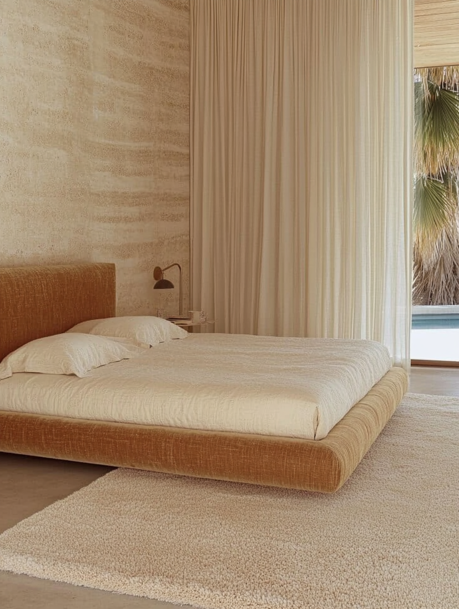 Diseño de habitación de estética glam con gran cama tapizada de forma orgánica en tono naraja, gran alfombra de lana y largas cortinas blancas con vistas a la piscina y palmeras del jardin.