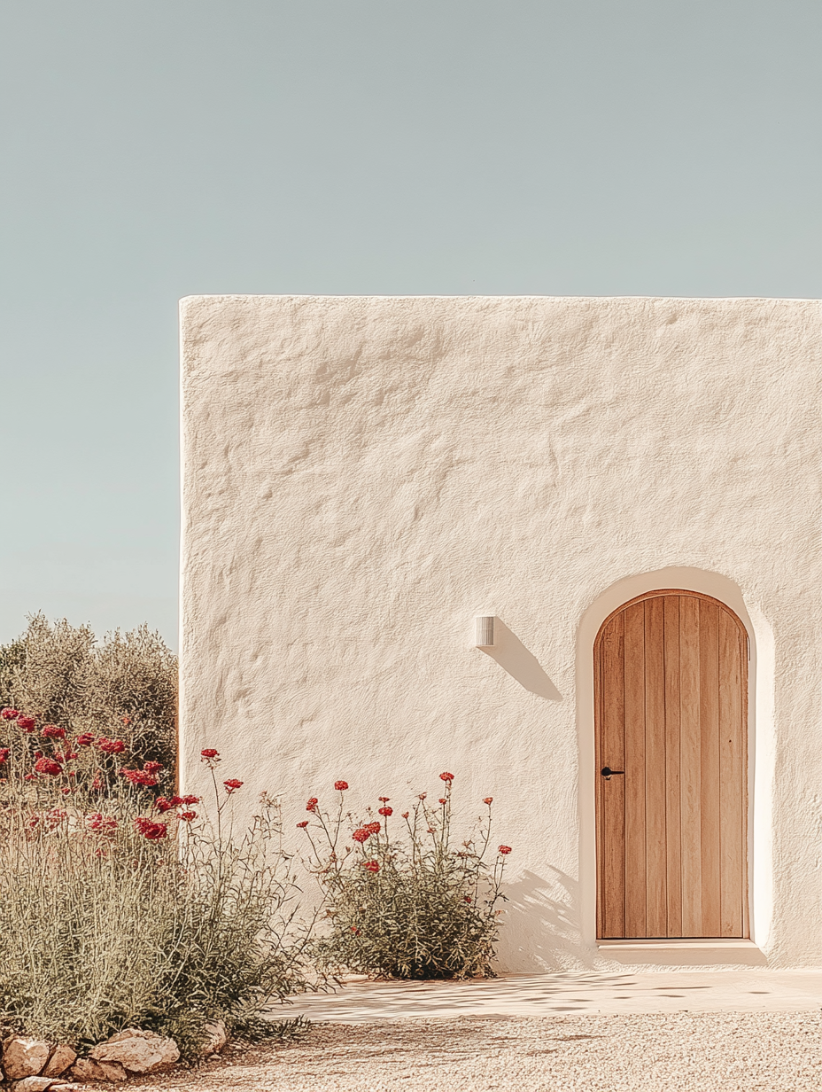 Fachada de casita ibicenca, con mortero a la cal blanco, aplique cerámica integrada y plantas de flores en la entrada.