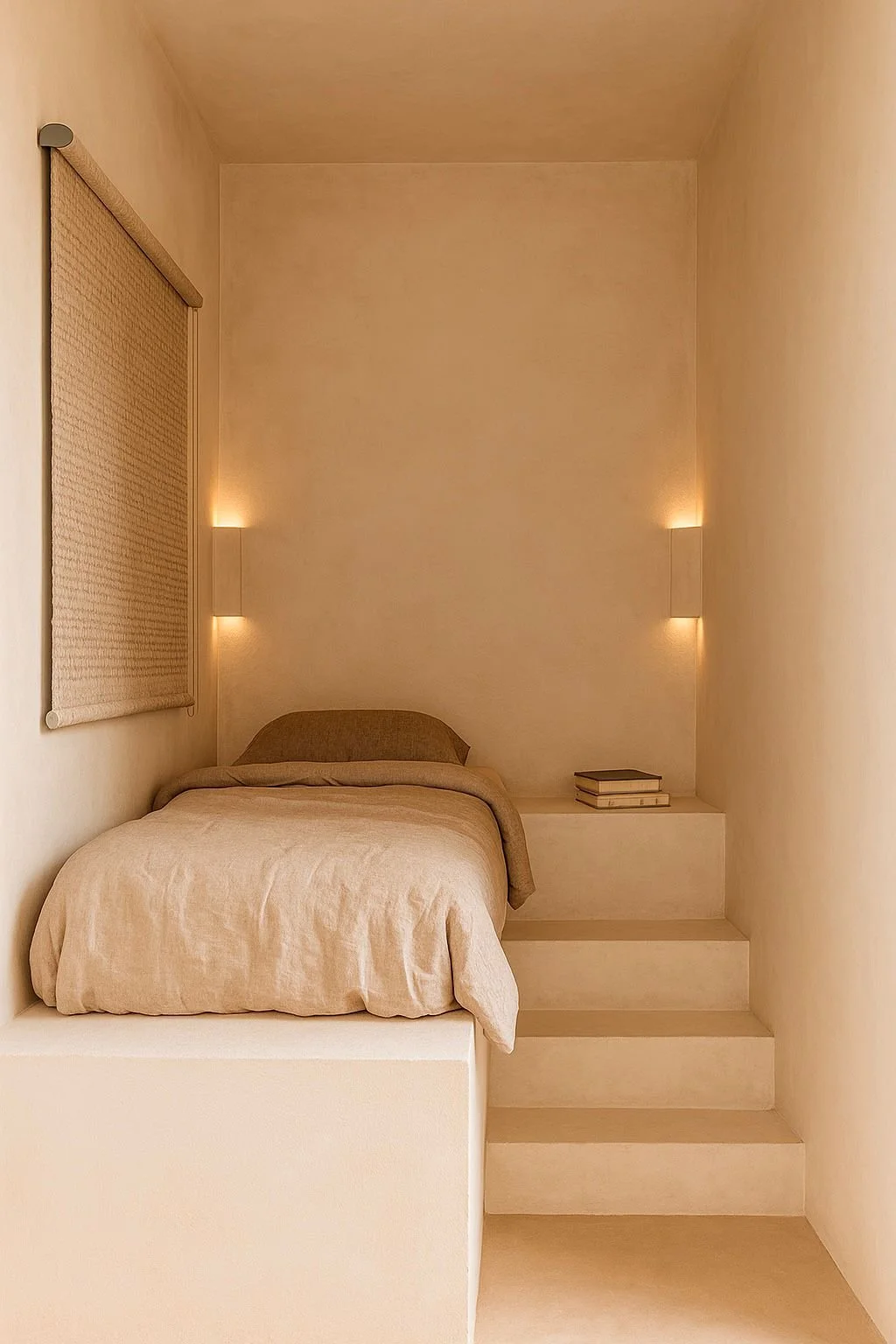 Habitación de niños con diseño de cama de obra con escalones de obra y apliques integrados todo con revestimiento y pintura a la cal en tono crema y sabanas de lino.