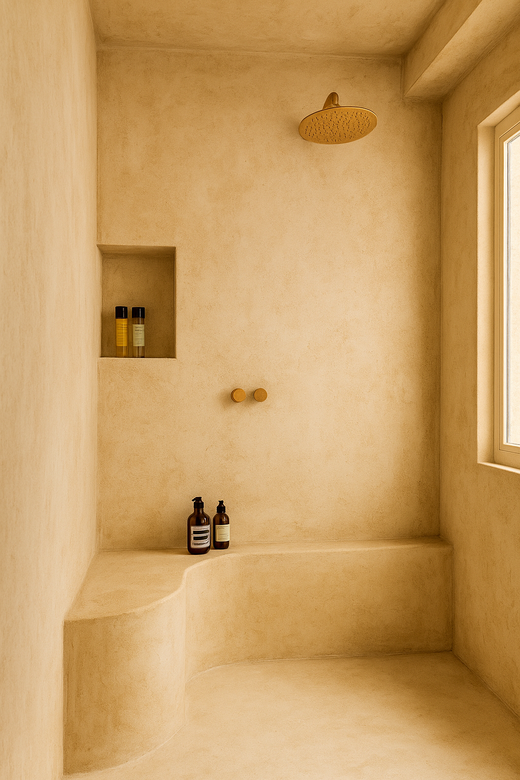 Ducha moderna con paredes de microcemento y bonito banco curvo, griferia en acabado latón dorado, con una estética natural para una vivienda en Ibiza.