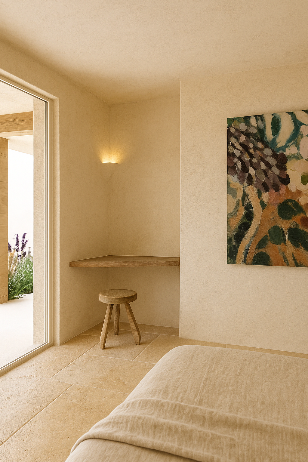 Diseño de habitacion para vivienda en Ibiza con estética natural con escritorio de madera, suelo de piedra natural y paredes pintadas en color crema, con bonito cuadro abstracto en la pared.