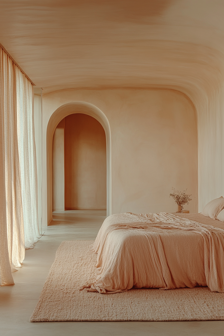 Habitación en tonos rosas y beige con cama grande, cortinas largas y gran alfombra todo con tejidos naturales como lino y algodon.