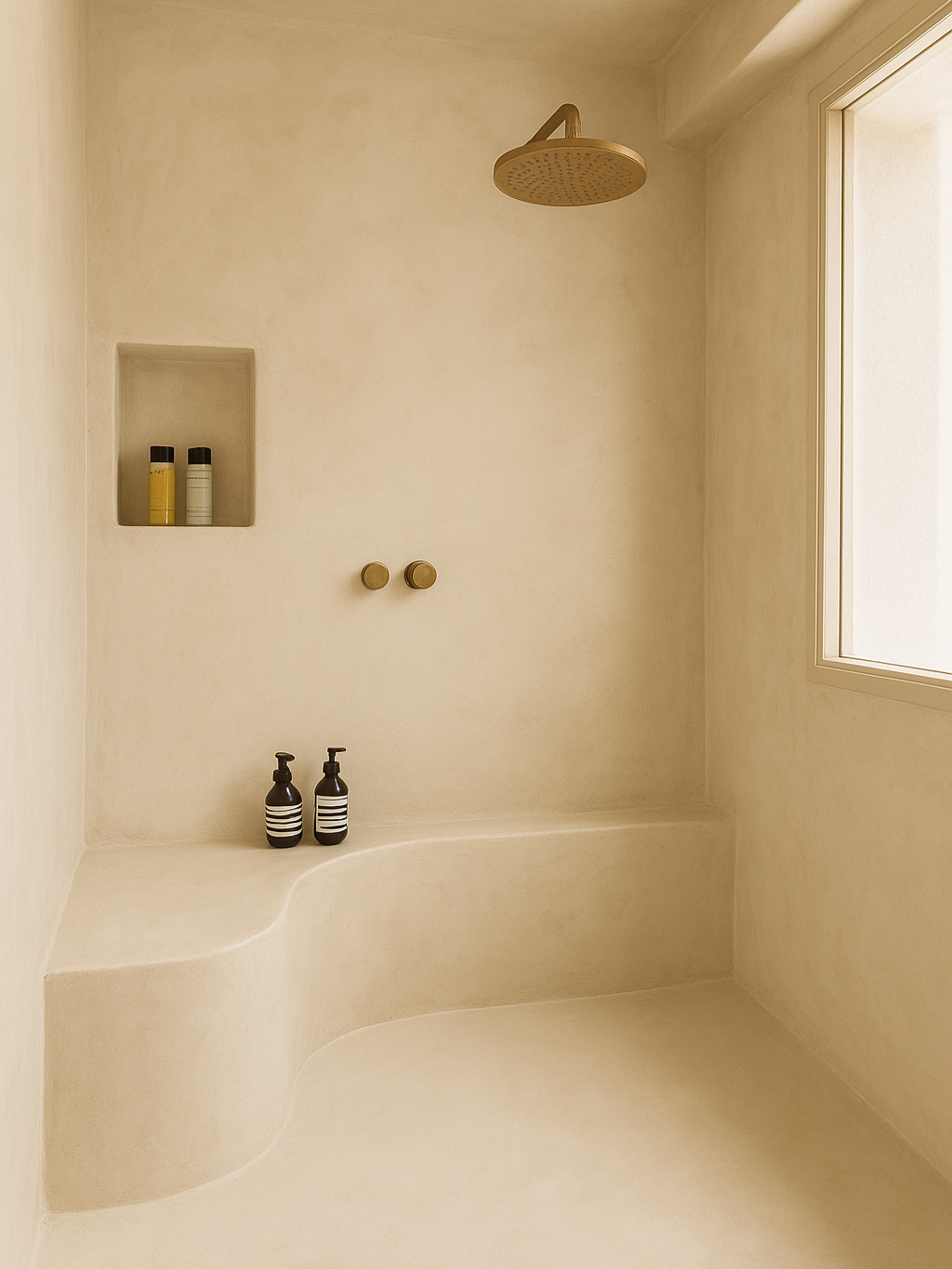 Detalle de diseño de ducha en proyecto de interiorismo en Ibiza, con materiales continuos y líneas sencillas para un espacio cálido y funcional.