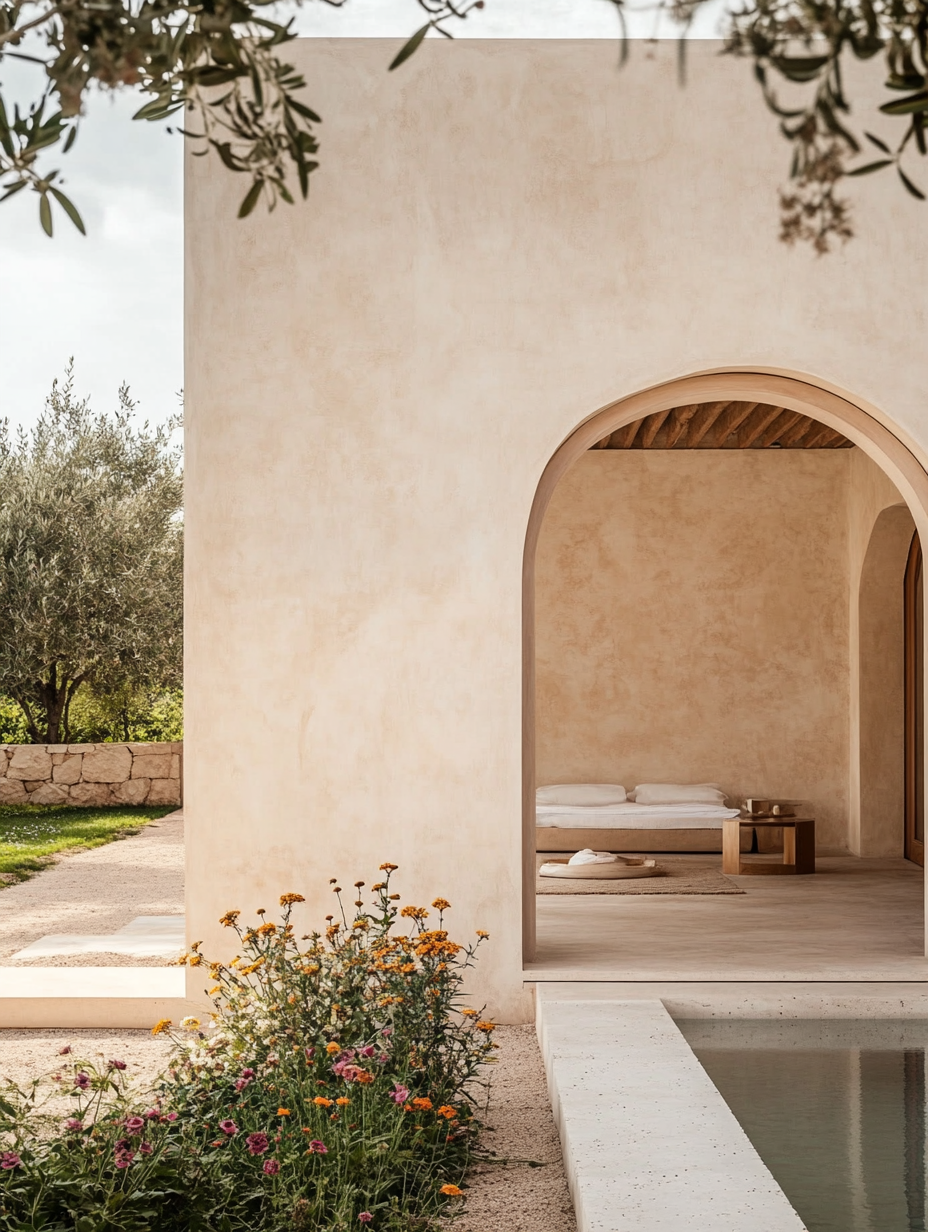 Vista de una casa de campo en Ibiza moderna con paredes con mortero de cal, bonita piscina de cemento y paisajismo de flores y plantas mediterráneas.