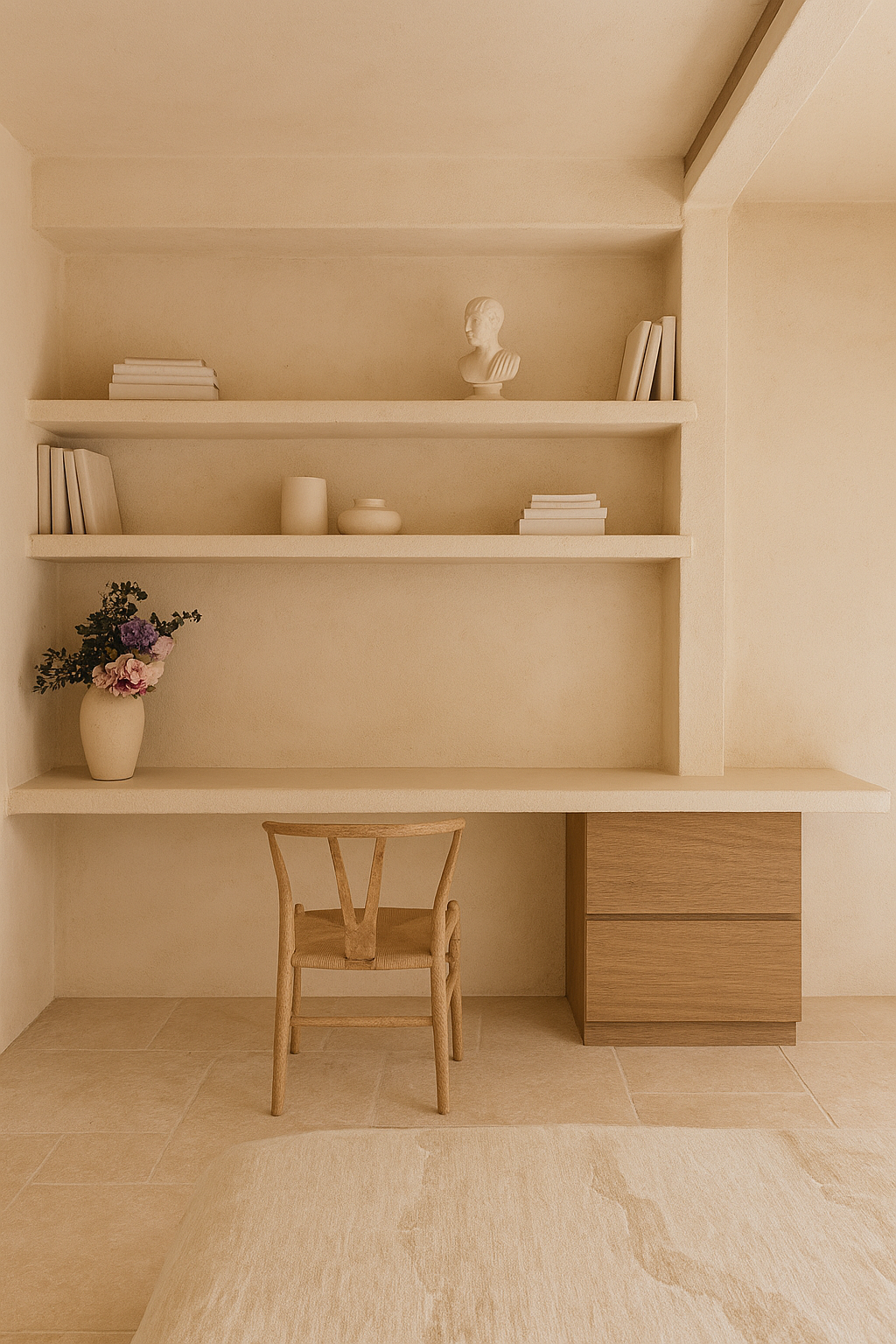 Diseño de escritorio de obra a medida en proyecto de interiorismo, con almacenaje en roble natura. y objetos decorativos en los estantes, combinando funcionalidad y estética natural en una vivienda de Ibiza.