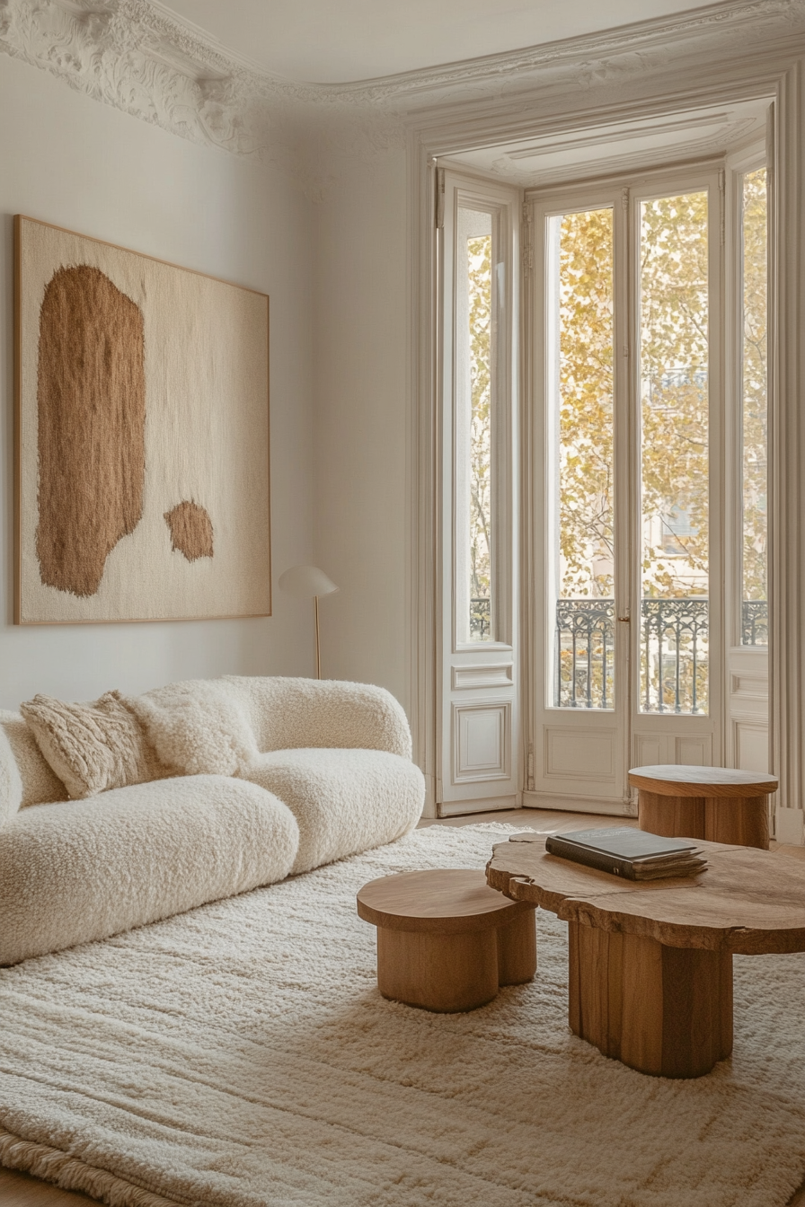 Salón de apartamento clásico con sofá organico, alfombra de lana y mesa de madera.