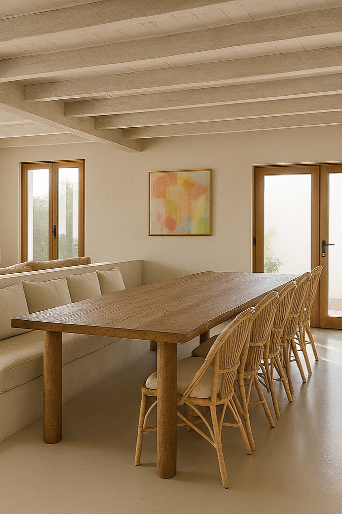 Comedor con mesa de madera, sillas de mimbre, sillón de respaldo alto, paredes blancas, ventanas de madera y pintura abstracta en la pared.