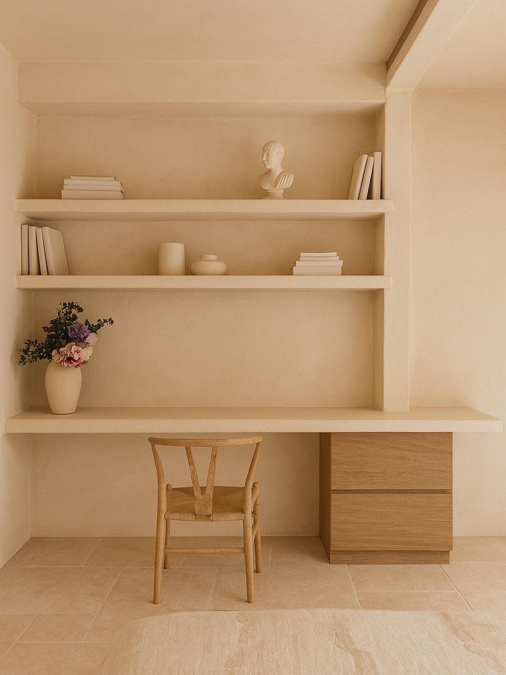 Diseño de escritorio de obra a medida en proyecto de interiorismo, combinando funcionalidad y estética natural en una vivienda de Ibiza.