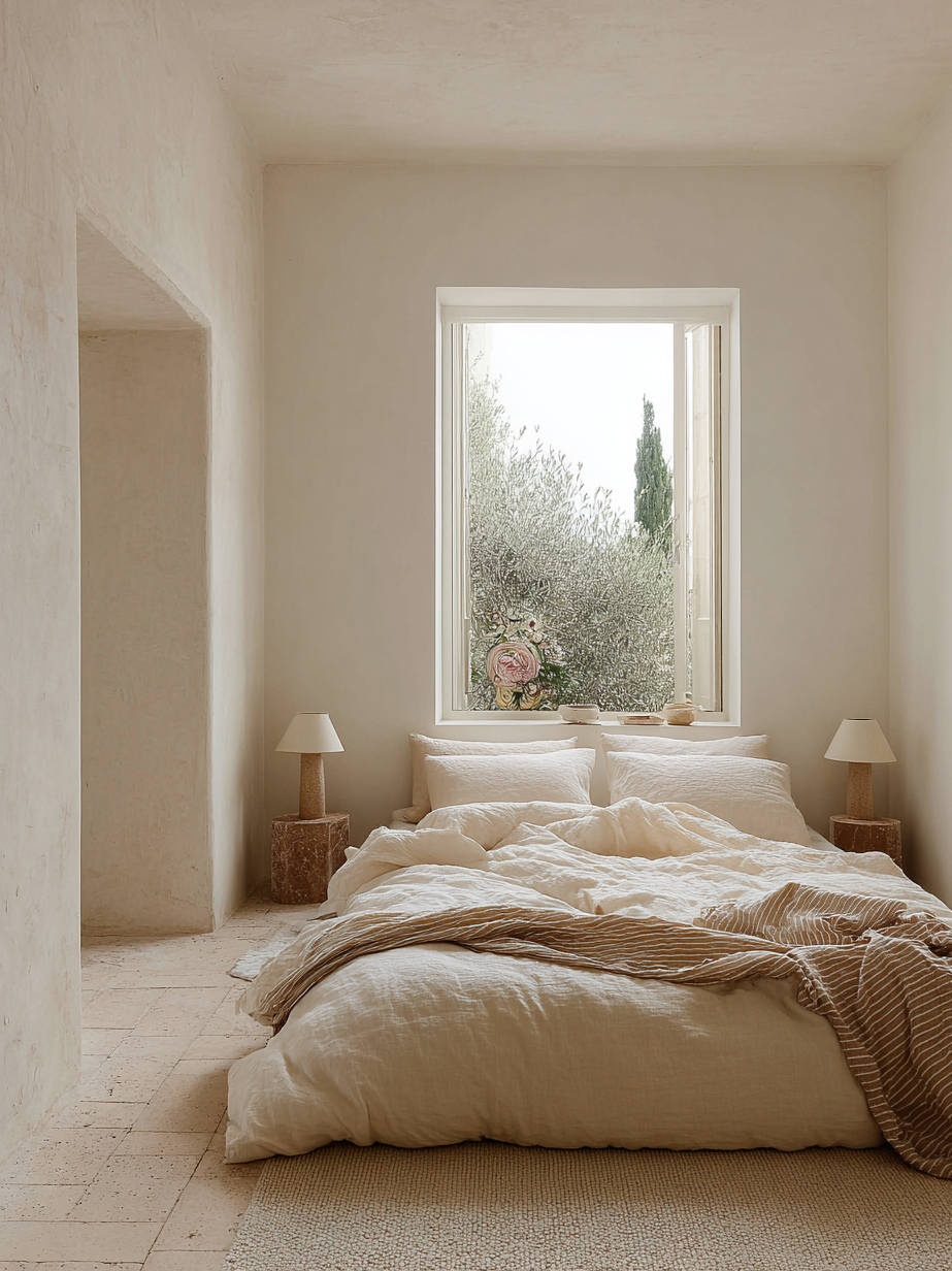 Proyecto de decoración en Ibiza con una habitación diseñada en tonos neutros y materiales naturales para crear un ambiente relajado y acogedor.