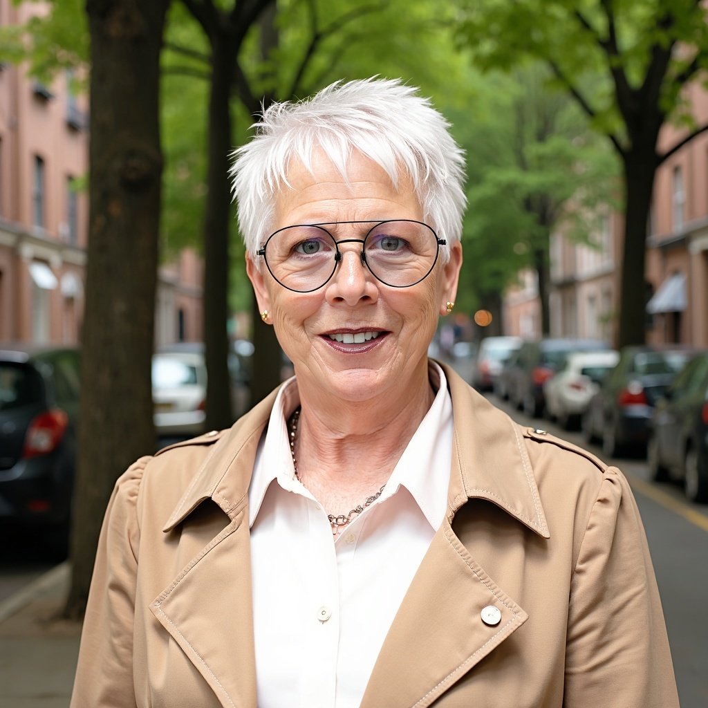An older woman with short white hair, wearing glasses, a white shirt, and a beige jacket, standing outdoors in front of a tree-lined street with parked cars and residential buildings.