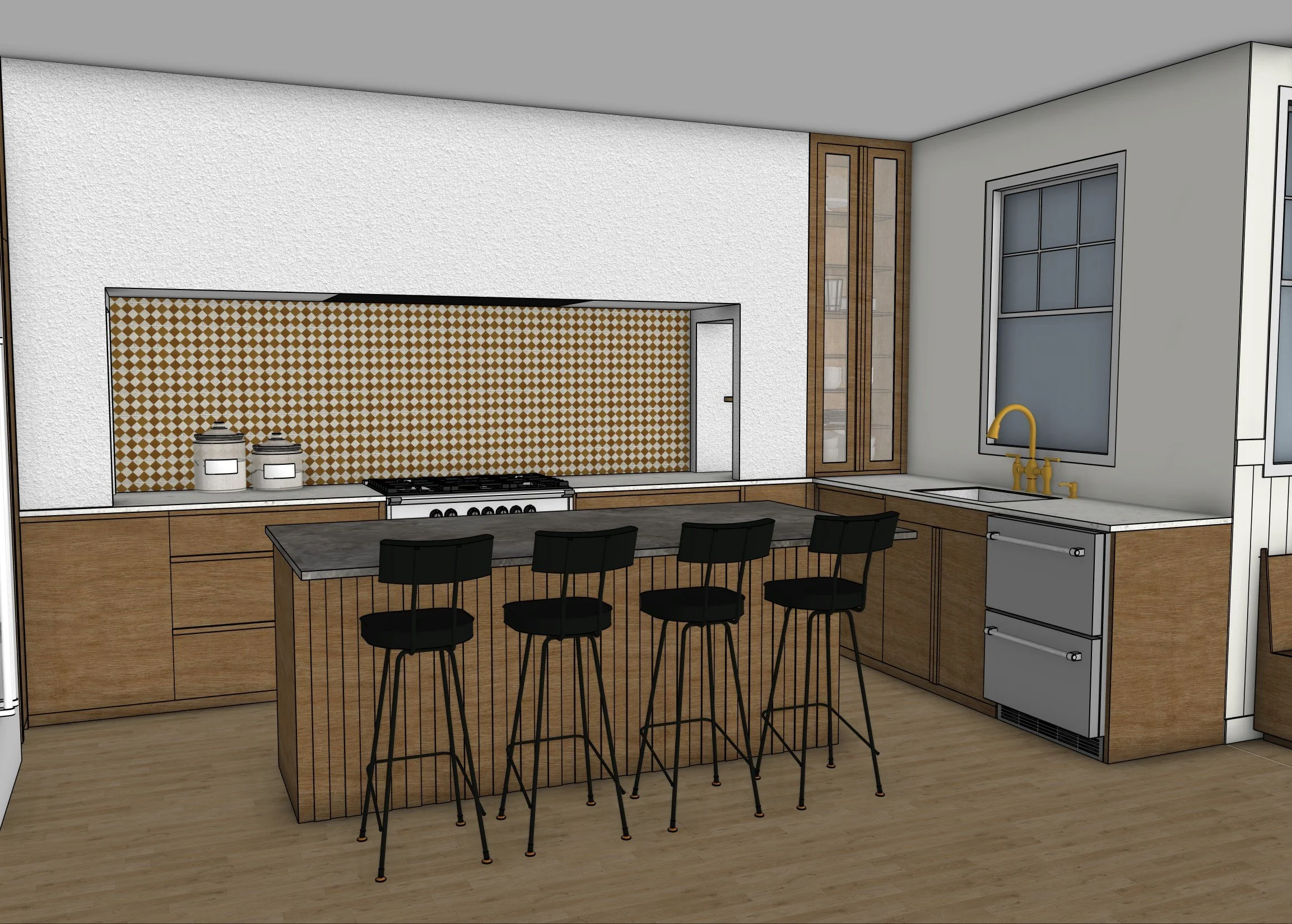 Modern kitchen rendering with wood cabinets, black bar stools, island, diamond-patterned backsplash, and stainless steel appliances.