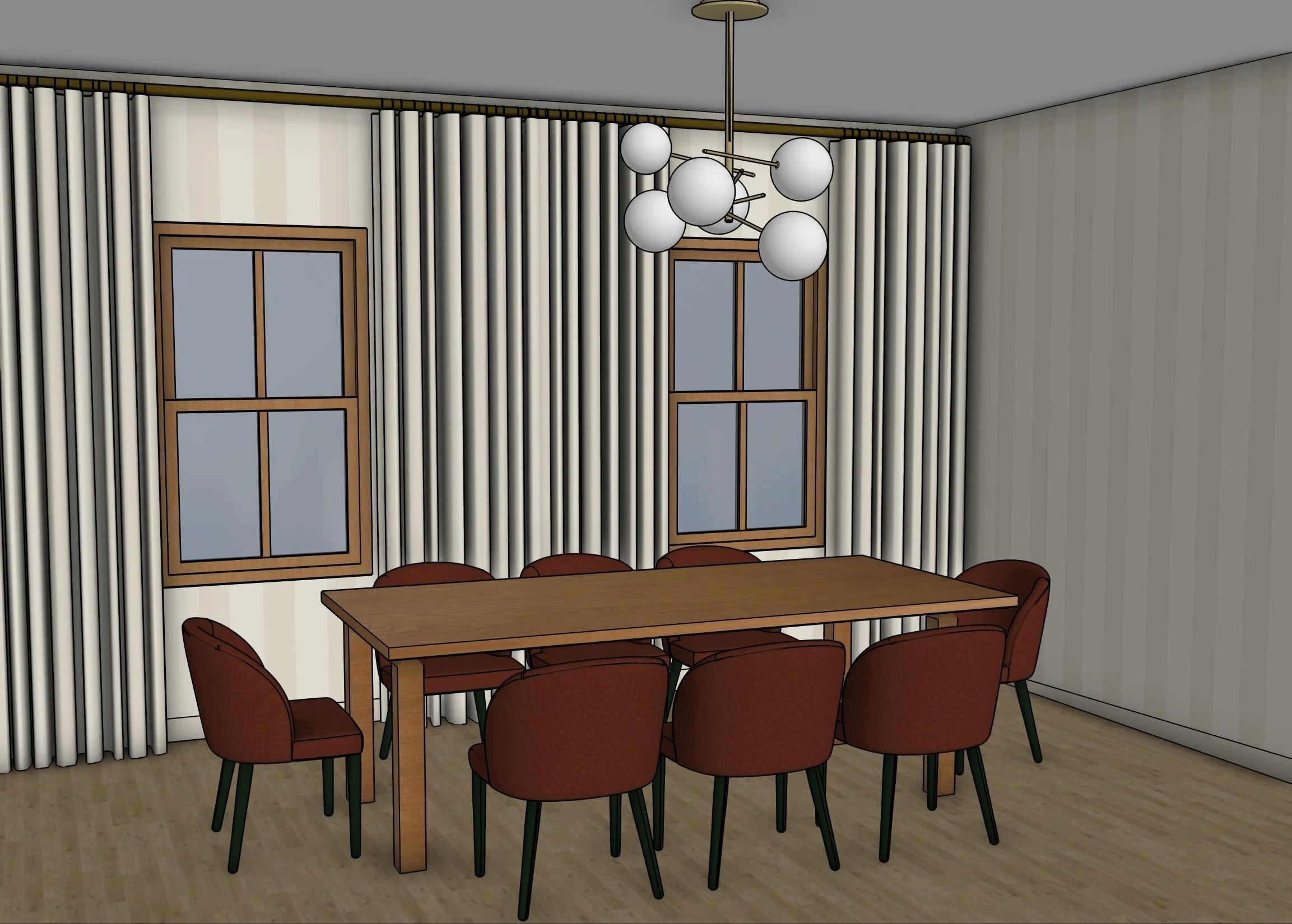 3D rendering of a dining room with a wooden table, red cushioned chairs, striped curtains, wooden windows, and a modern chandelier.