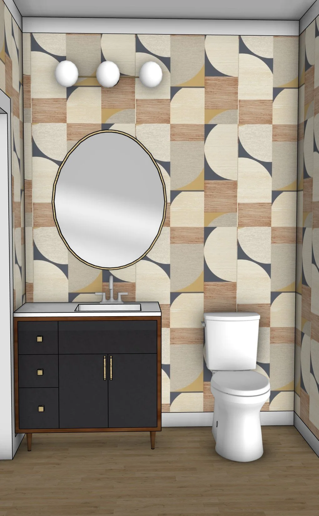 Modern bathroom interior with geometric wallpaper, oval mirror above a sink with vanity, and a toilet.