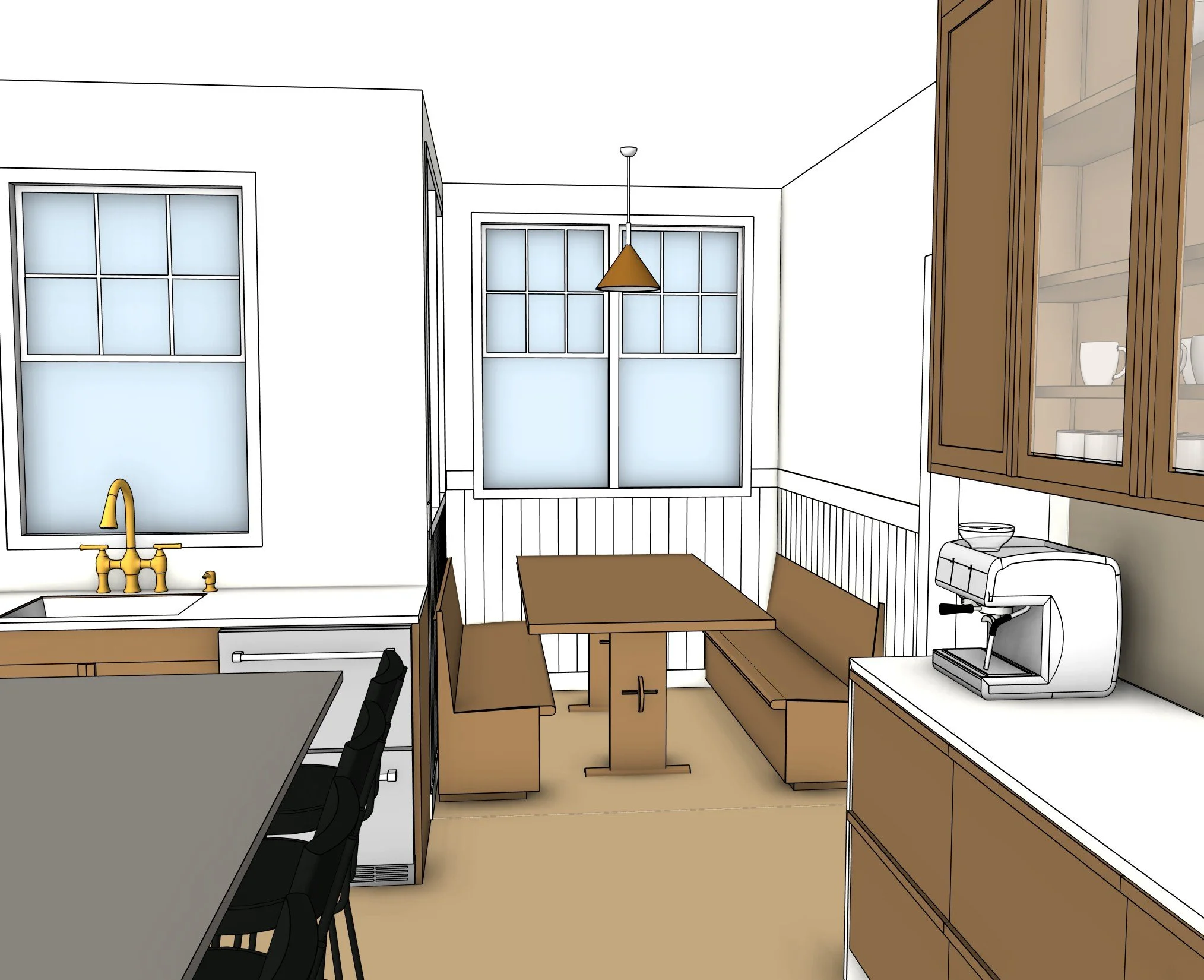 3D rendering of a kitchen with a sink, island, dining nook, and coffee bar.