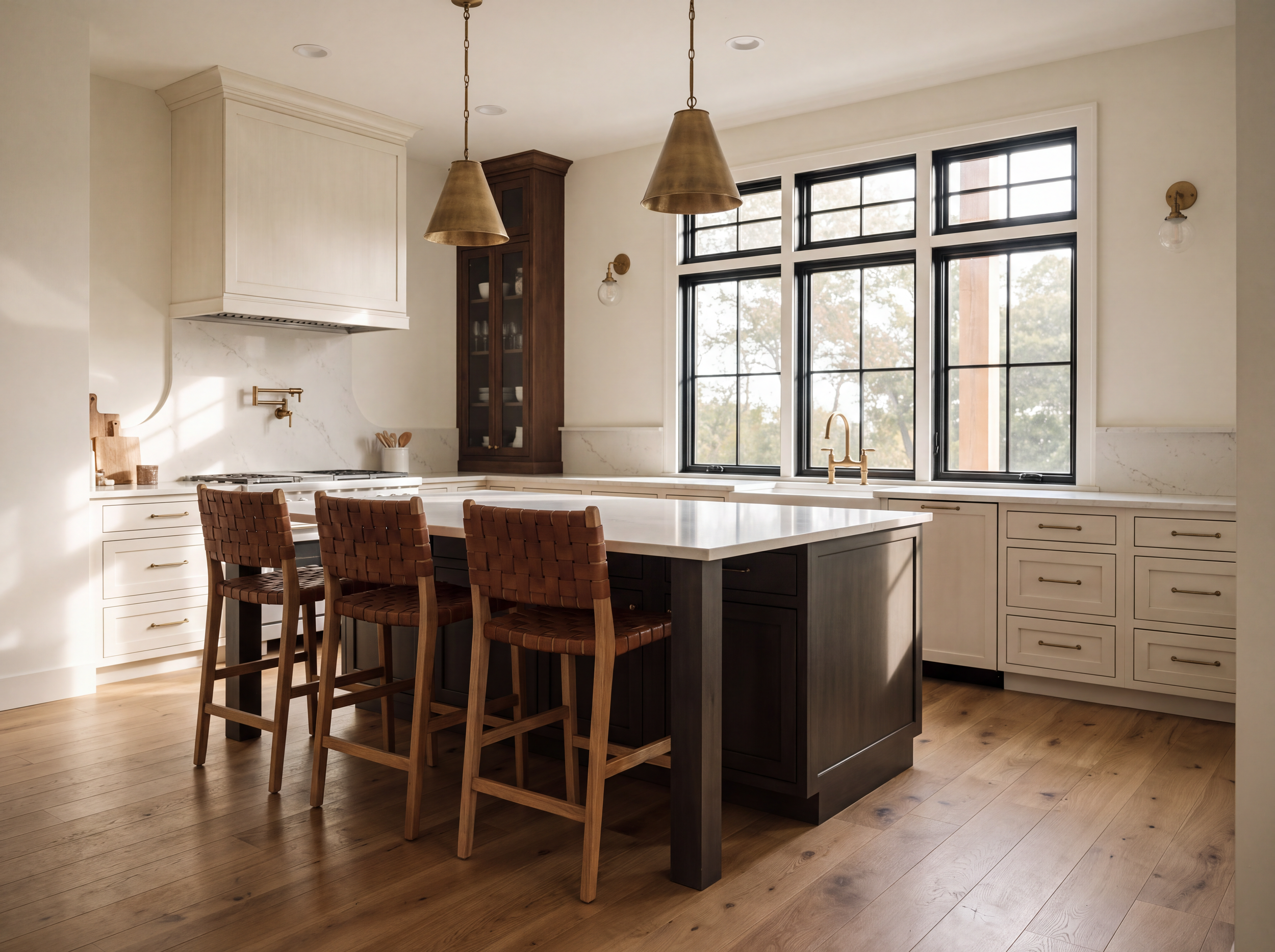 A modern kitchen with a white marble countertop, dark wooden cabinets, and black-framed windows. The space features gold pendant lights hanging above the island and gold fixtures on the wall. The floor is light wood, and there are four wooden bar stools with woven seats at the counter.