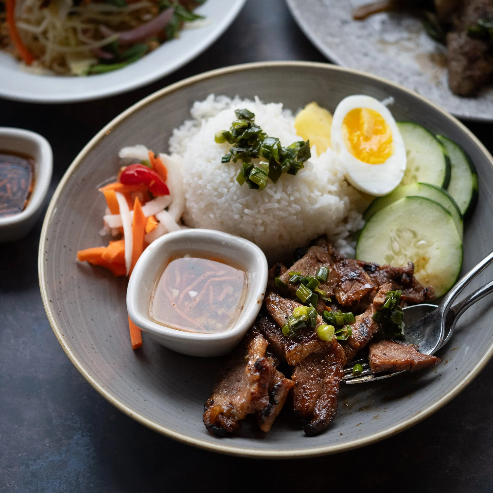Plate of white rice with chopped green onions, sliced cucumber, half of a soft-boiled egg, grilled meat with chopped green onions, pickled vegetables, and a serving of dipping sauce.