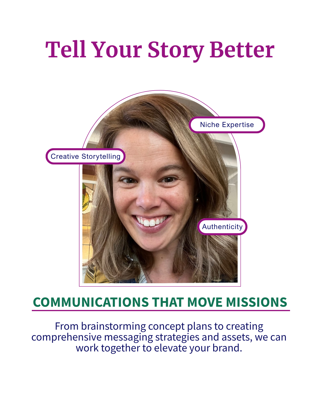 Tell your Story Better with "Communications that move missions" From brainstorming concept plans to creating comprehensive messaging strategies and assets, we can work together to elevate your brand, including creative storytelling, niche expertise
