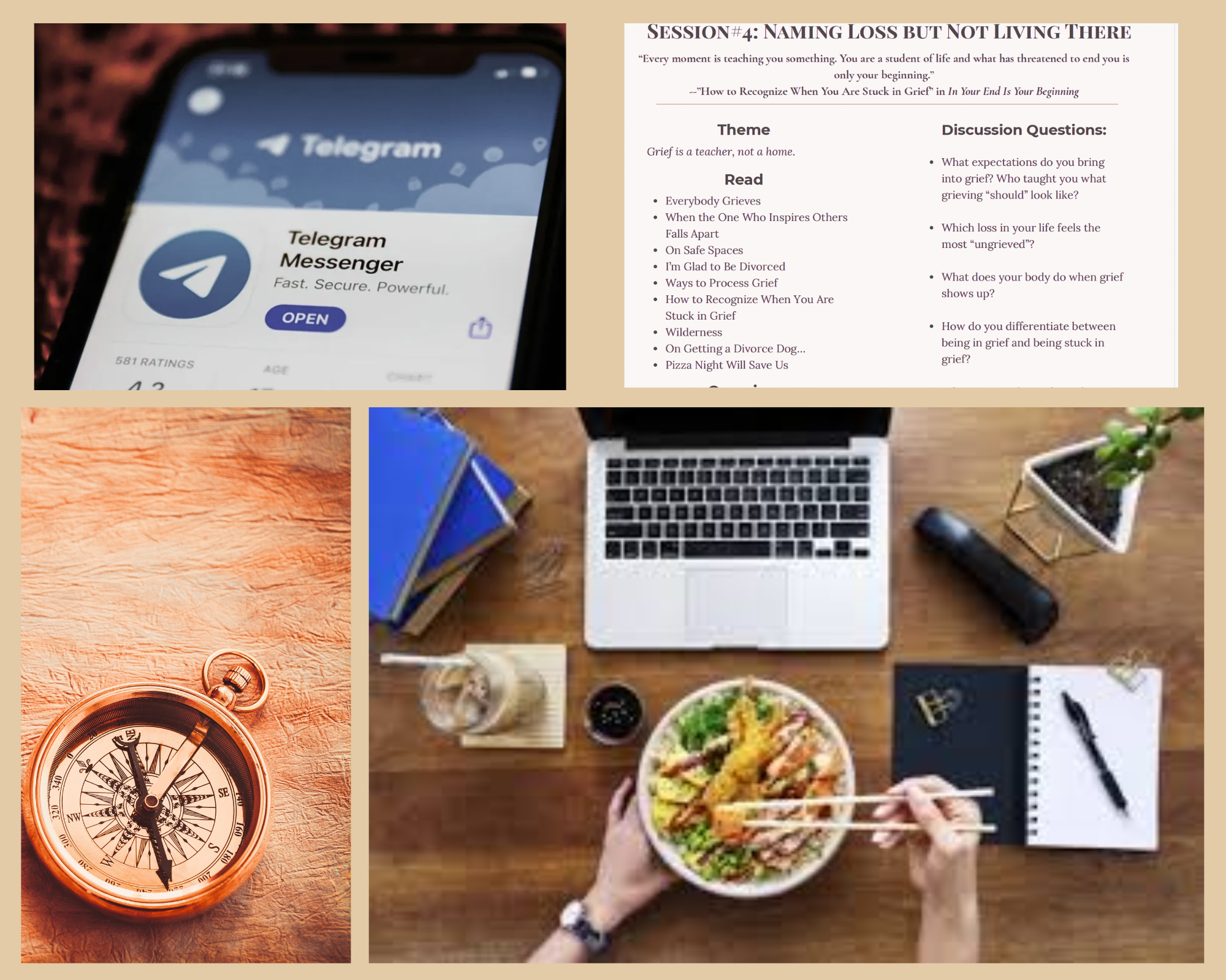 Four image collage: telegram app, compass, person eating in front of a computer, and a screen cap of a wayfinding practice email