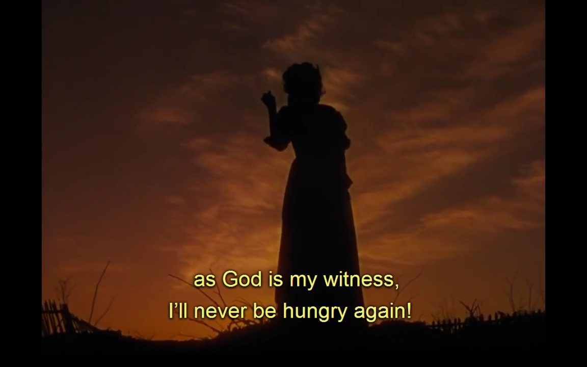 Scarlet O'Hara standing against a twilight sky with a fire raging in the background, defiantly holding a carrot