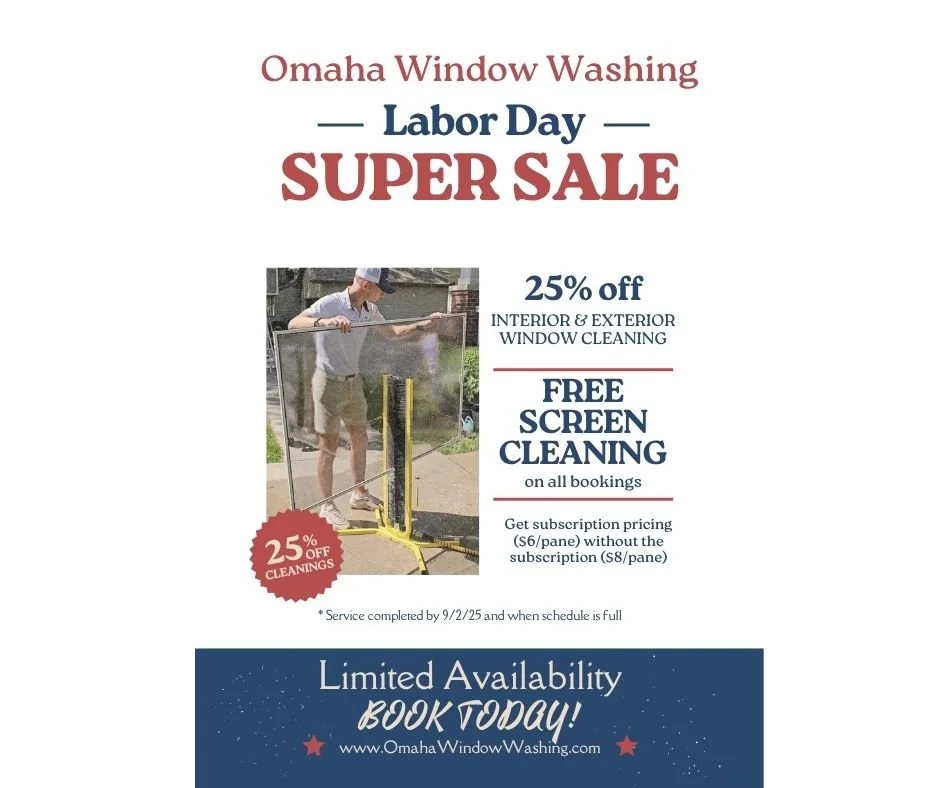 💦 Labor Day VIP Window Special 💦
VIP Subscription pricing without the subscription + FREE SCREEN CLEANING

✨ $6 per pane (reg. $8)
✨ Choose Interior, Exterior or both
✨ FREE screen cleaning ($2 value each)
✨ Full 4-in-1 luxury clean &mdash; glass, 