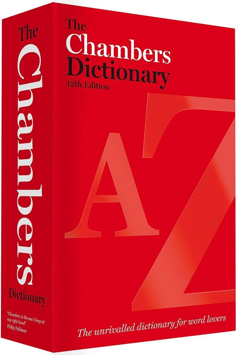 Red hardcover book titled "The Chambers Dictionary 12th Edition" with a large letter "A" on the cover.