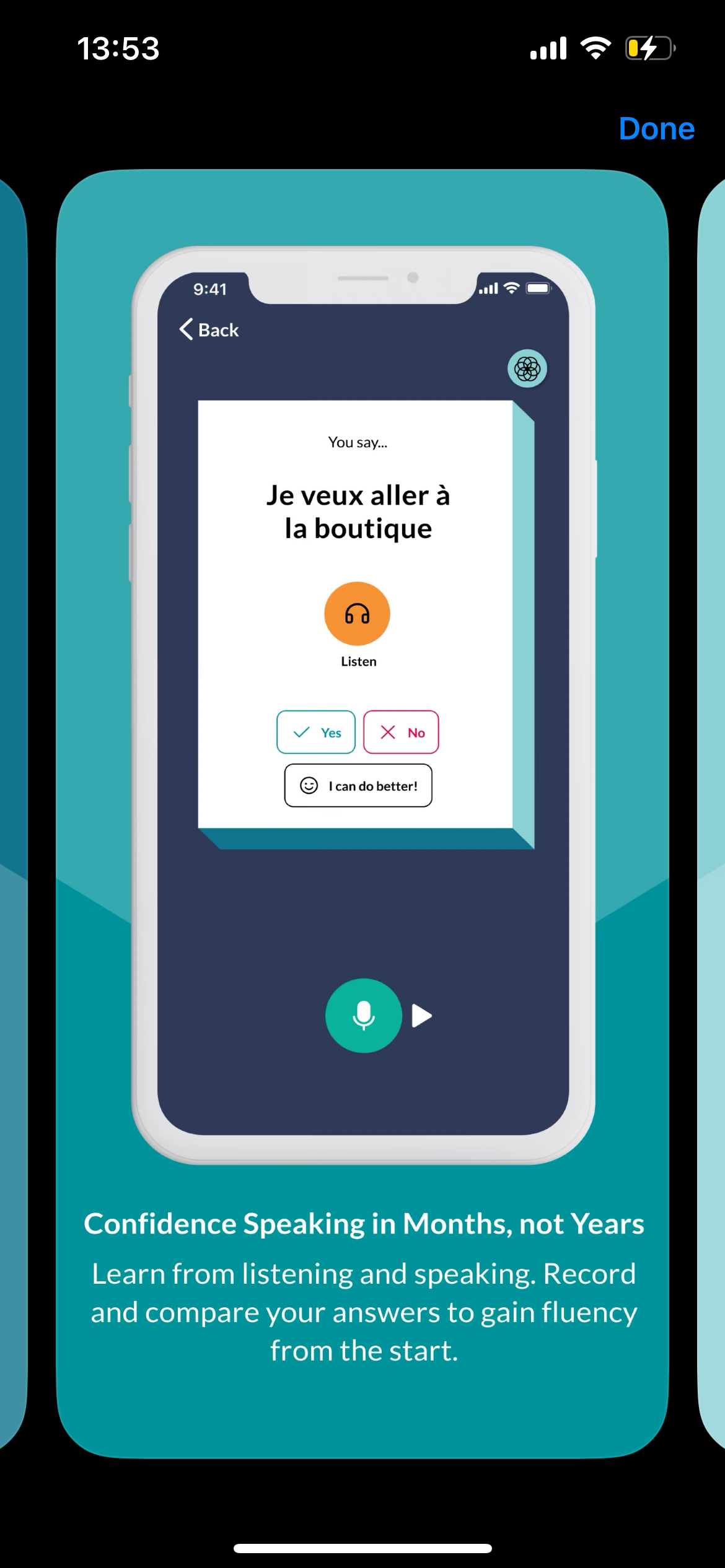 Mobile showing Michel Thomas Method language learning app with a French phrase "Je veux aller à la boutique," meaning "I want to go to the shop." The app includes options for listening and feedback, with instructions on building confidence speaking.