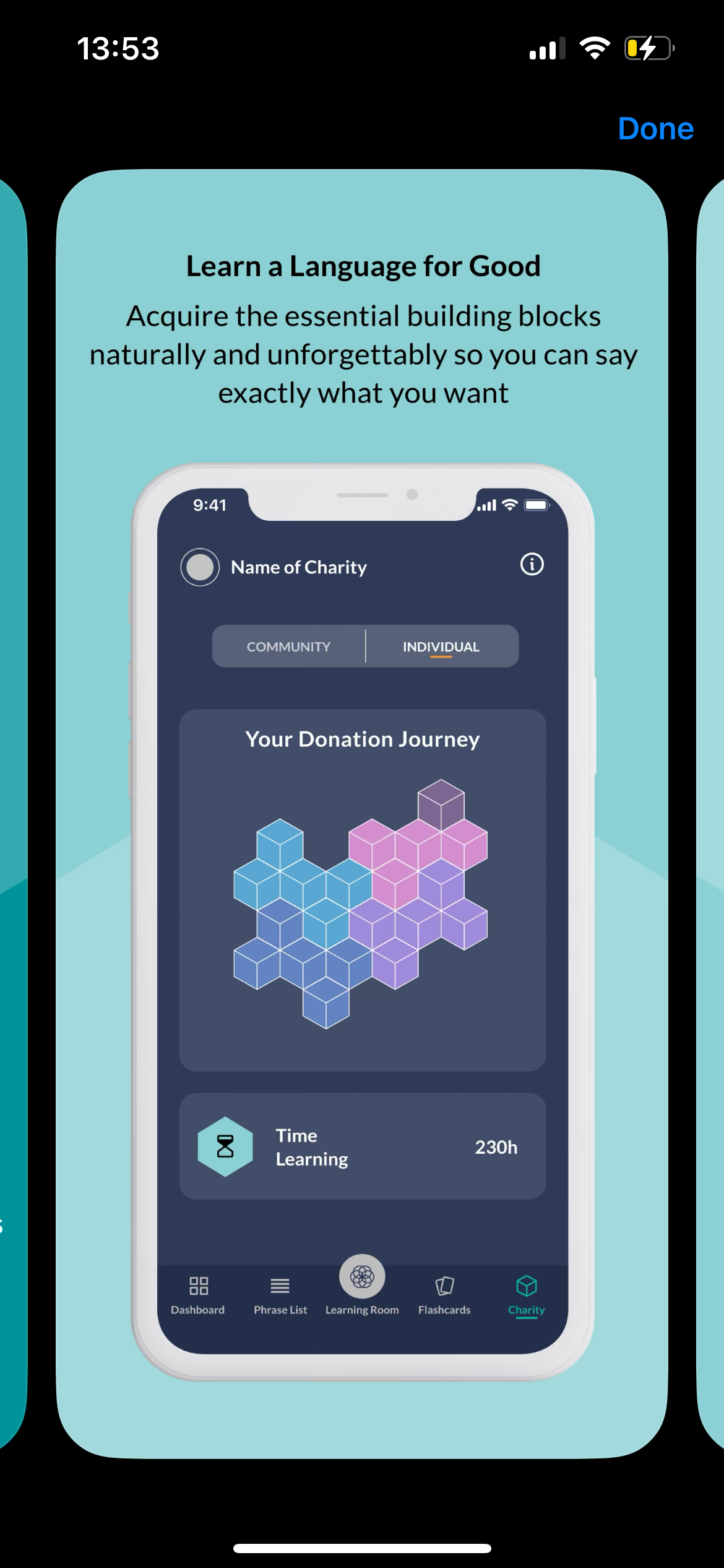 Smartphone screen displaying the Michel Thomas Method language learning app with the message 'Learn a Language for Good,' a donation journey graphic, and navigation options including Dashboard, Phrase List, Learning Room, Flashcards, and Charity.