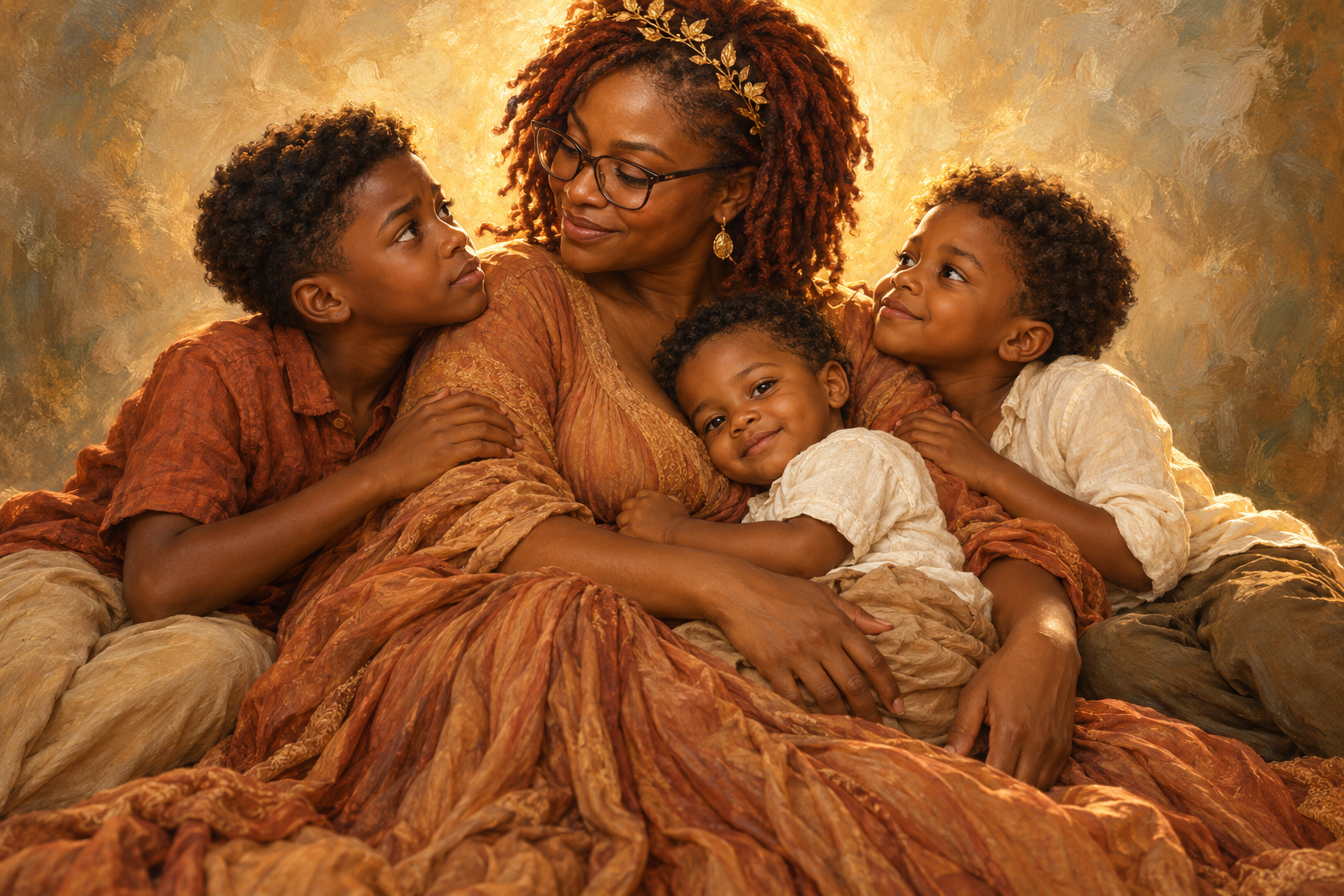 Golden-toned portrait of a Black mother with glasses, short locs, and a delicate crown embracing her three sons.