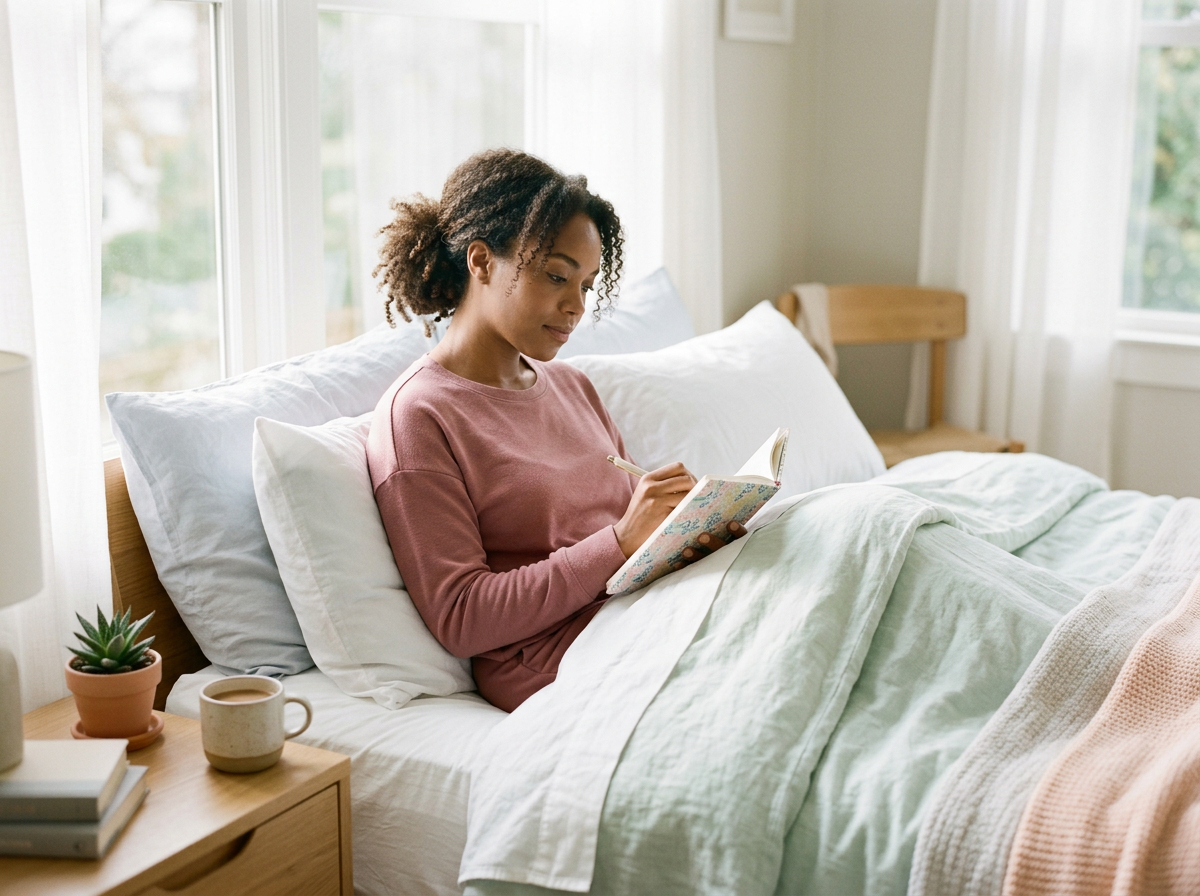 African-American woman journaling in bed morning light pastel colors