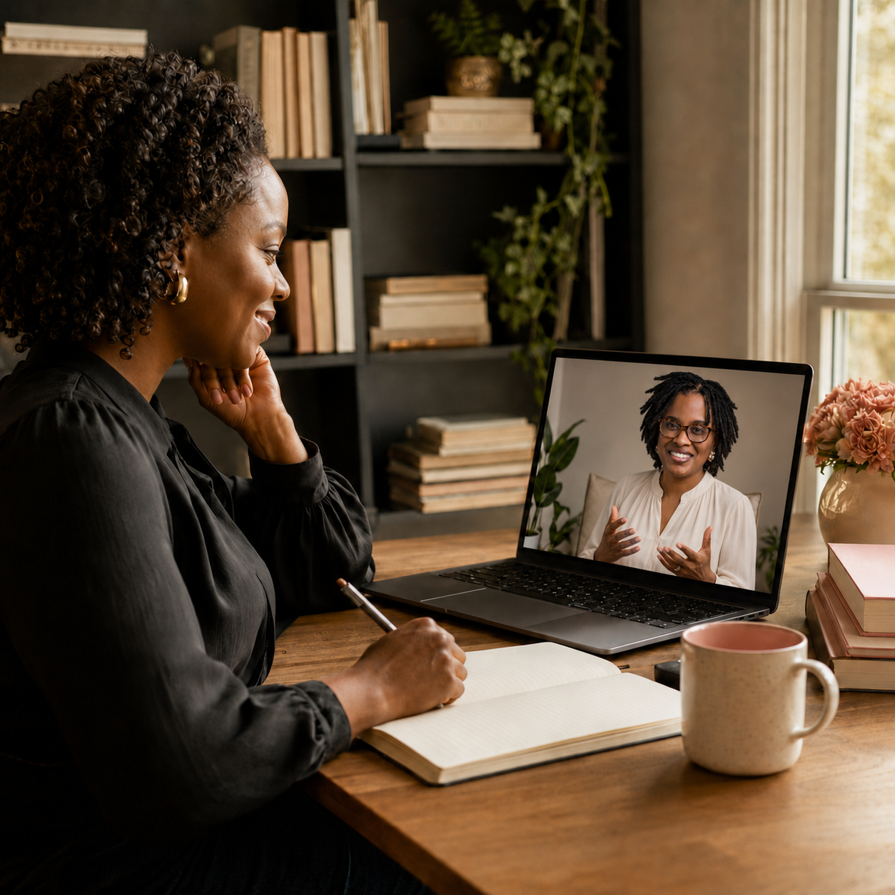 Candace Jones meeting with a Black woman author during a complimentary Zoom discovery call