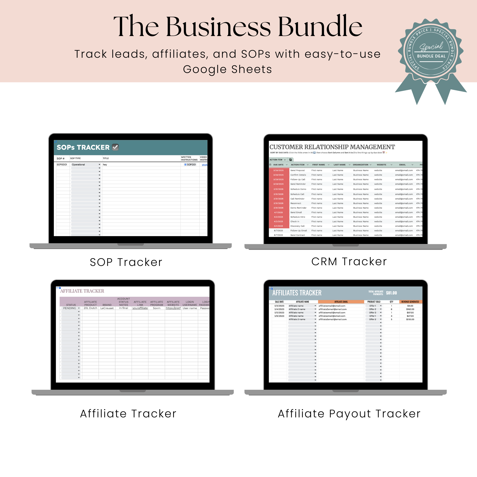 Google Sheets Business Tracker Bundle | CRM + SOP + Affiliate