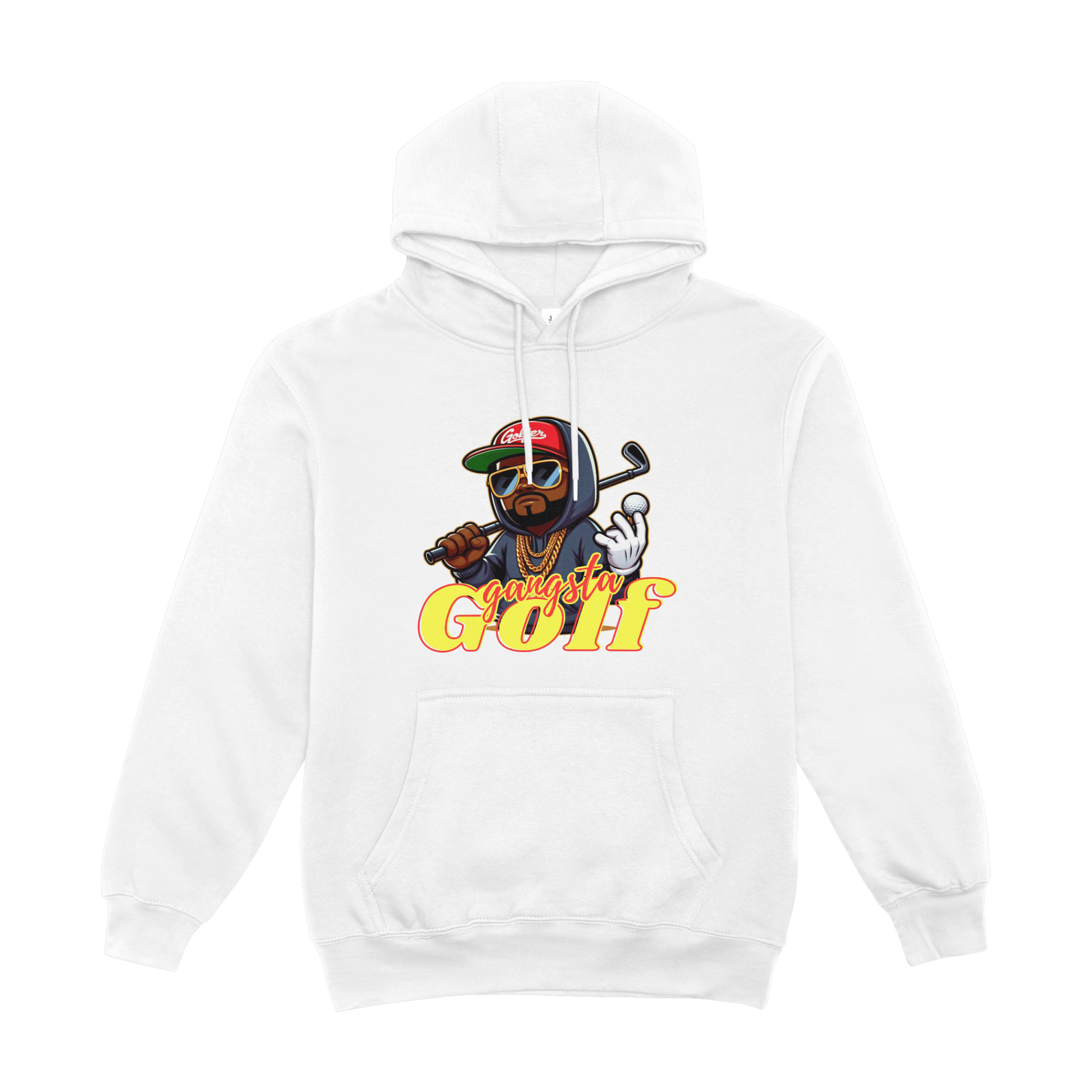 White hoodie with a cartoon graphic of a gangster character holding a golf club and a golf ball, wearing sunglasses, a cap, and gold chains, with the text "Gangsta GOLF" in colorful font.