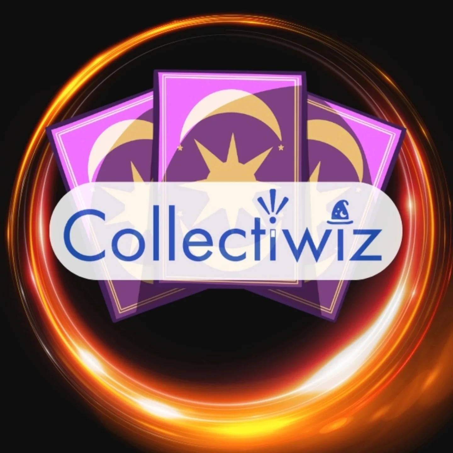 A colorful logo for CollectiWiz featuring three tarot-style cards with purple backgrounds and a white crescent moon, star, and circle, surrounded by glowing circular light effects.