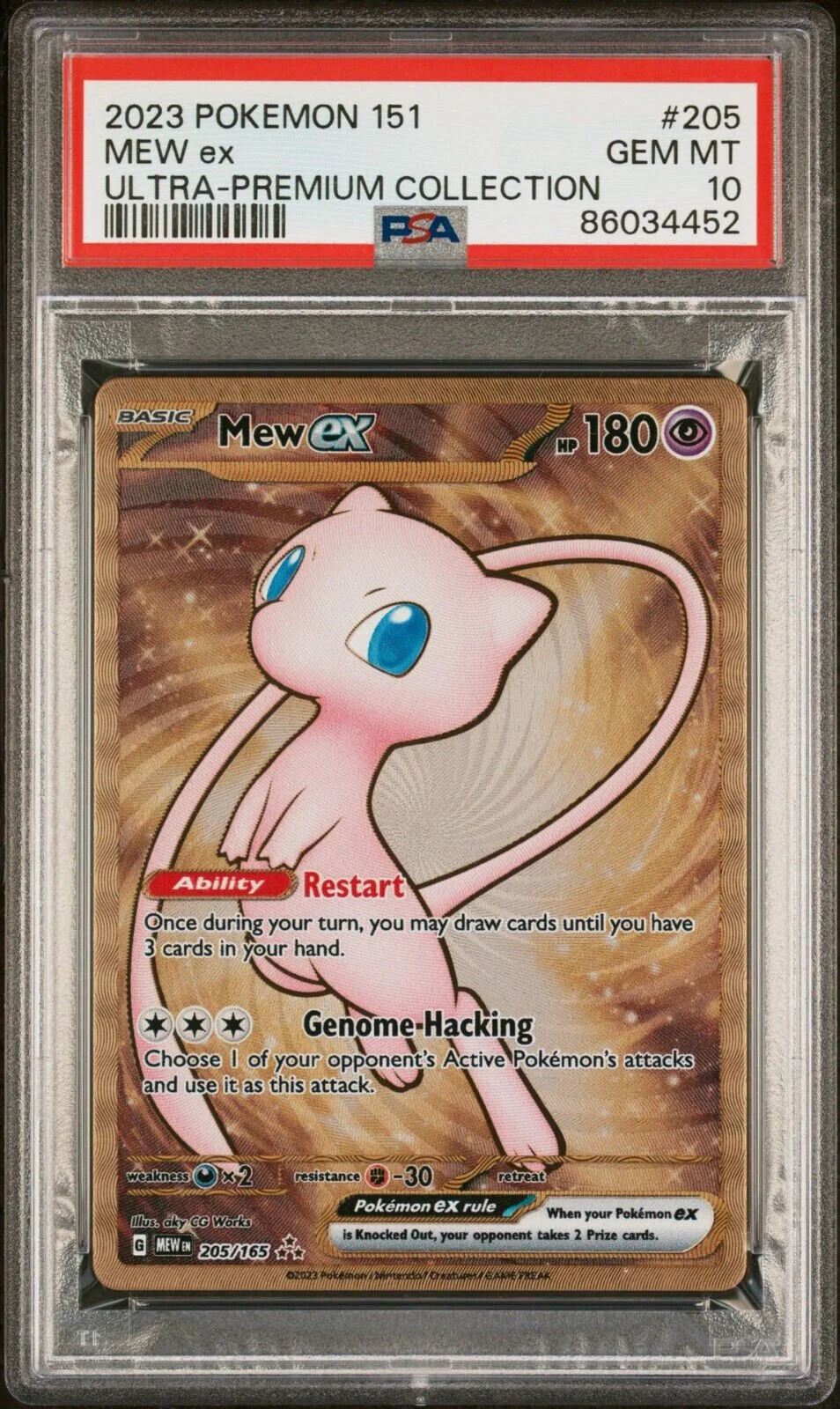 A graded 2023 Pokémon card featuring Mew ex, encased in a PSA plastic slab with a GEM MT 10 grade. The card showcases Mew, a pink Pokémon with large blue eyes, against a swirling gold background. It displays the card number 205/165, has 180 HP, and features abilities named Restart and Genome-Hacking.