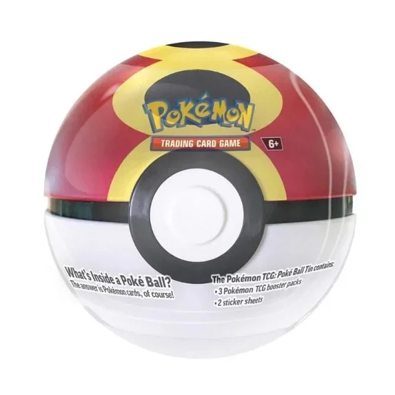 A Repeat Ball Poké Ball container tin with branding and description for kids aged 6 and above, containing Pokémon trading cards, booster packs, and sticker sheets.