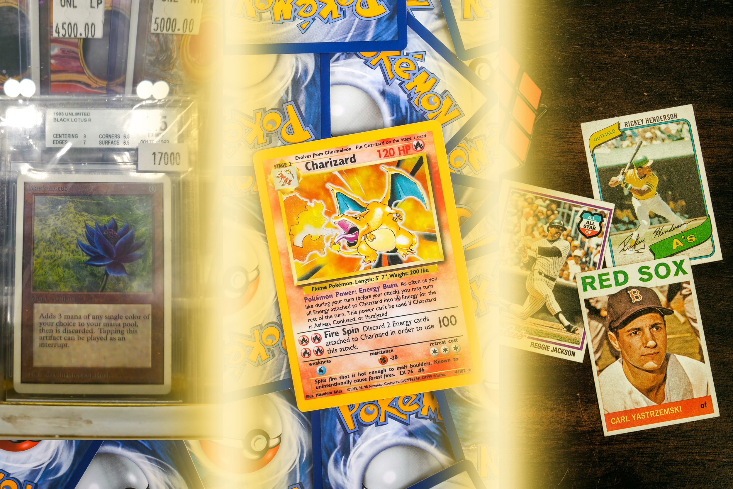 A collection of vintage trading cards, including a black lotus magic: the gathering card, a Charizard Pokémon card, a Rickey Henderson baseball card, a Reggie Jackson baseball card, and a Carl Yastrzemski baseball card, on a dark wooden surface with some booster packs and price tags visible.