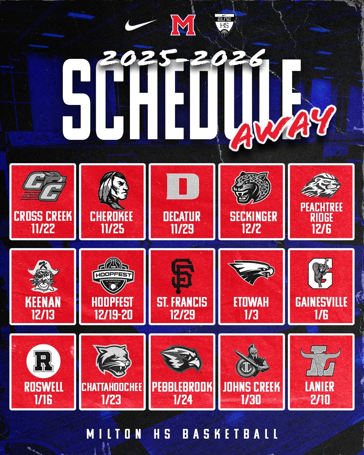 Milton High School boys' basketball schedule for the 2025-2026 season, displaying game dates, opponents, and home or away status, with team logos and a blue and black background.