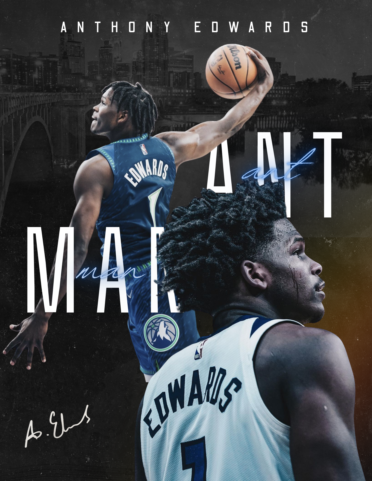 Two basketball players with the name Edwards, one in a blue jersey mid-air with a basketball and the other in a white jersey looking to the side, with a city skyline in the background.