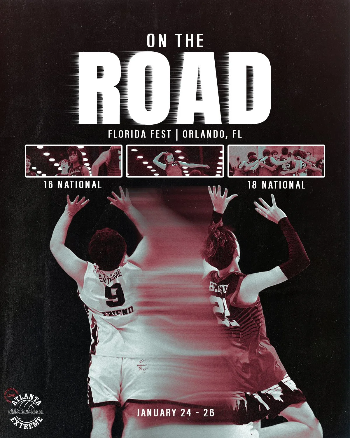 Poster for Florida Fest on the Road at Orlando, FL, January 24-26, featuring volleyball teams with images of players and text about national competitions.