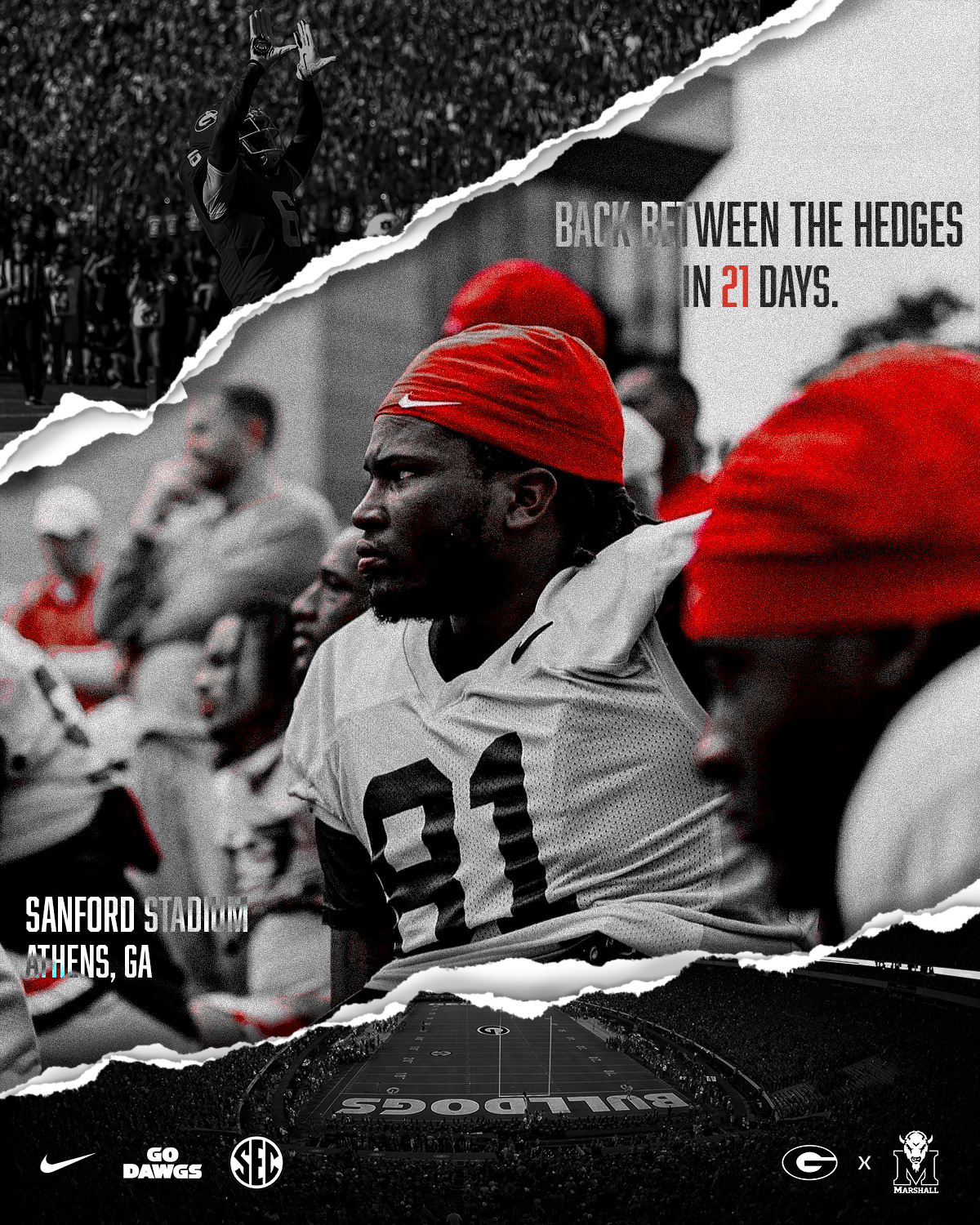 A promotional poster for a football game at Sanford Stadium in Athens, GA featuring a black and white image of a football player with a red cap, and a black and white image of a stadium. The poster includes the text "Back between the hedges in 21 days", logos for Nike, Georgia Bulldogs, SEC, and Marshall, and a caption indicating the game is against Marshall.