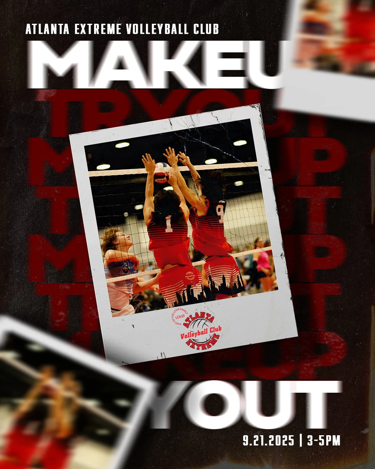 A digital poster advertising the Atlanta Extreme Volleyball Club event. The poster features a vintage photo of two volleyball players in red uniforms jumping to block a ball at the net, with a young player in the background. The event date is Septemb