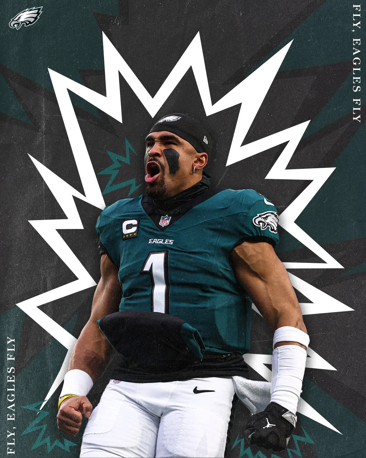 Eagles football player wearing jersey with number 1, black headband, and face paint, celebrating with clenched fist, with a graphic background featuring Eagles branding and lightning effect.