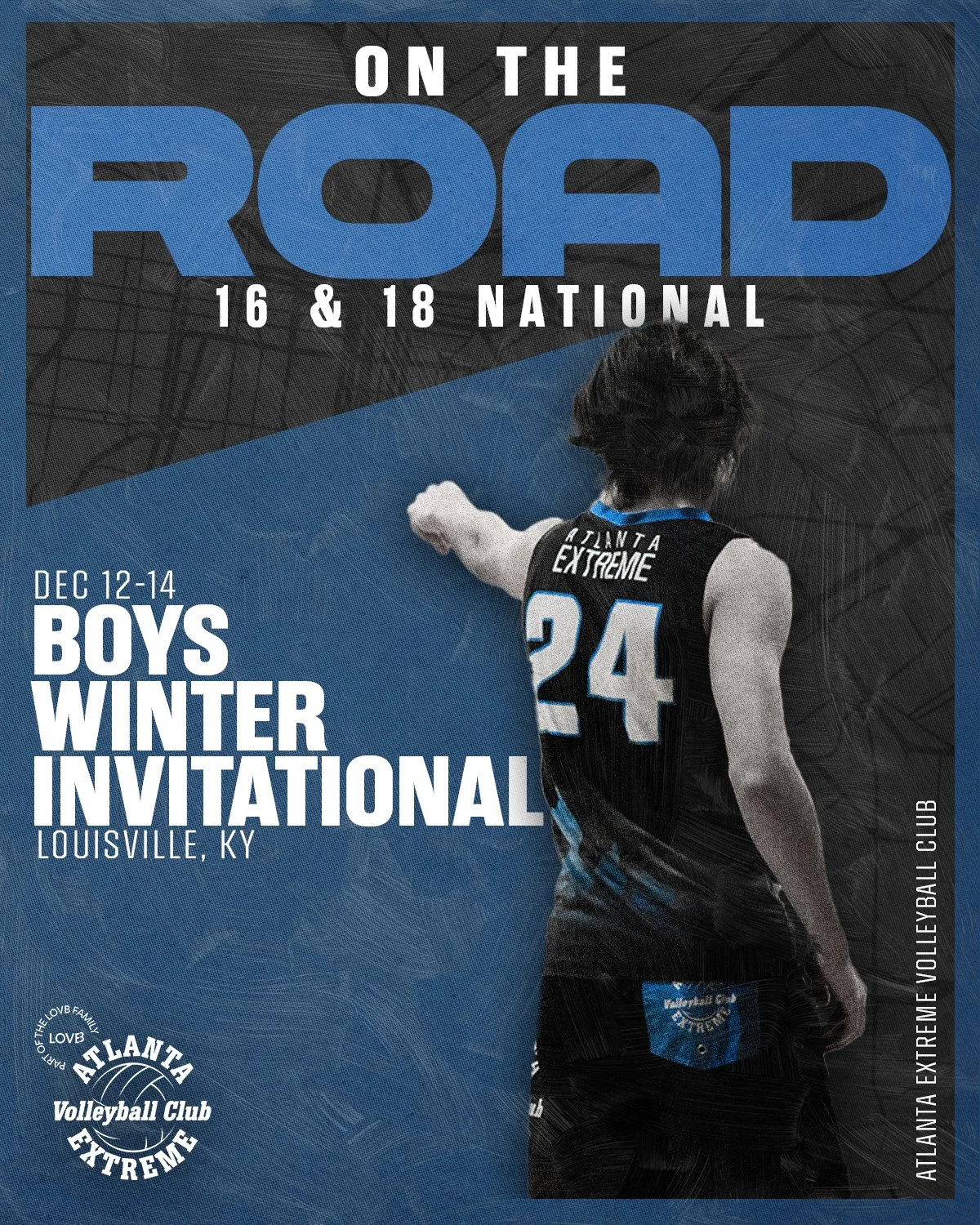A volleyball player with curly hair, wearing a black jersey with the number 24 and the words 'Atlanta Extreme,' stands on a volleyball court, representing the Atlanta Extreme Volleyball Club at the Boys Winter Invitational in Louisville, Kentucky, De
