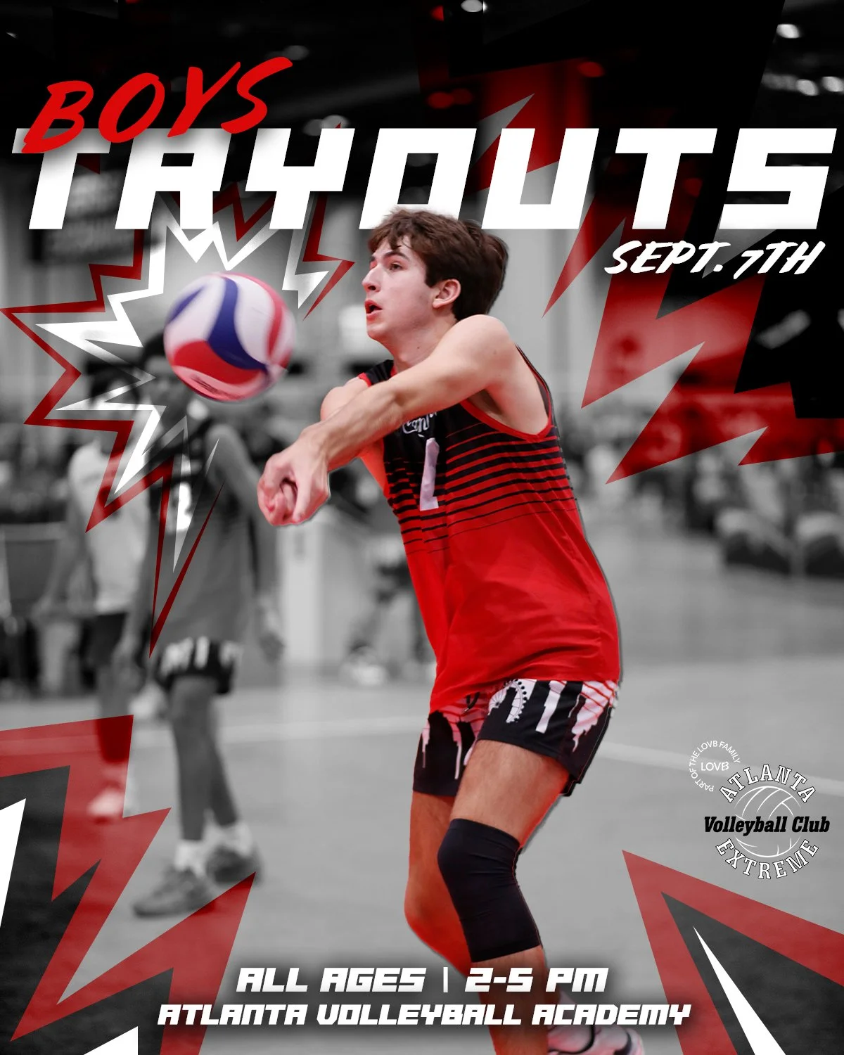 A volleyball player in red and black uniform hits a volleyball during a match. The background is blurred and features other players and an indoor gym setting. The image includes promotional text for a boys' volleyball event on September 7th, details 