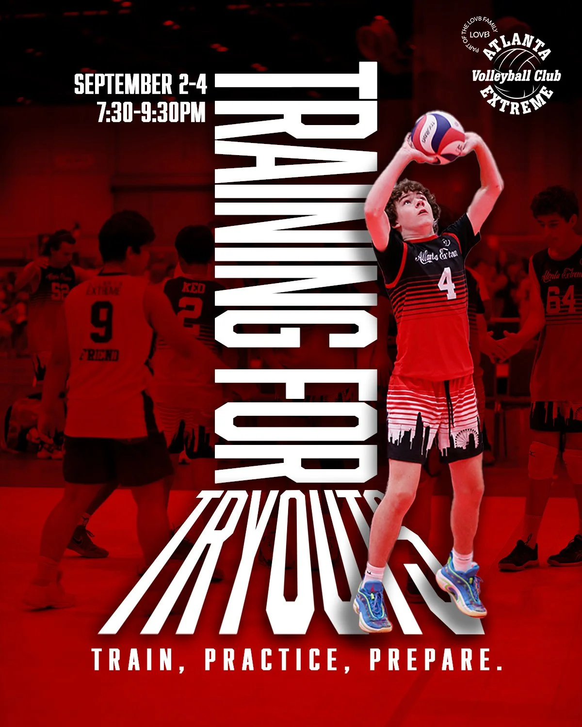 Poster for Atlanta Extreme Volleyball Club training event featuring a young volleyball player in red and black uniform preparing to hit a volleyball, with other players and a gym background.