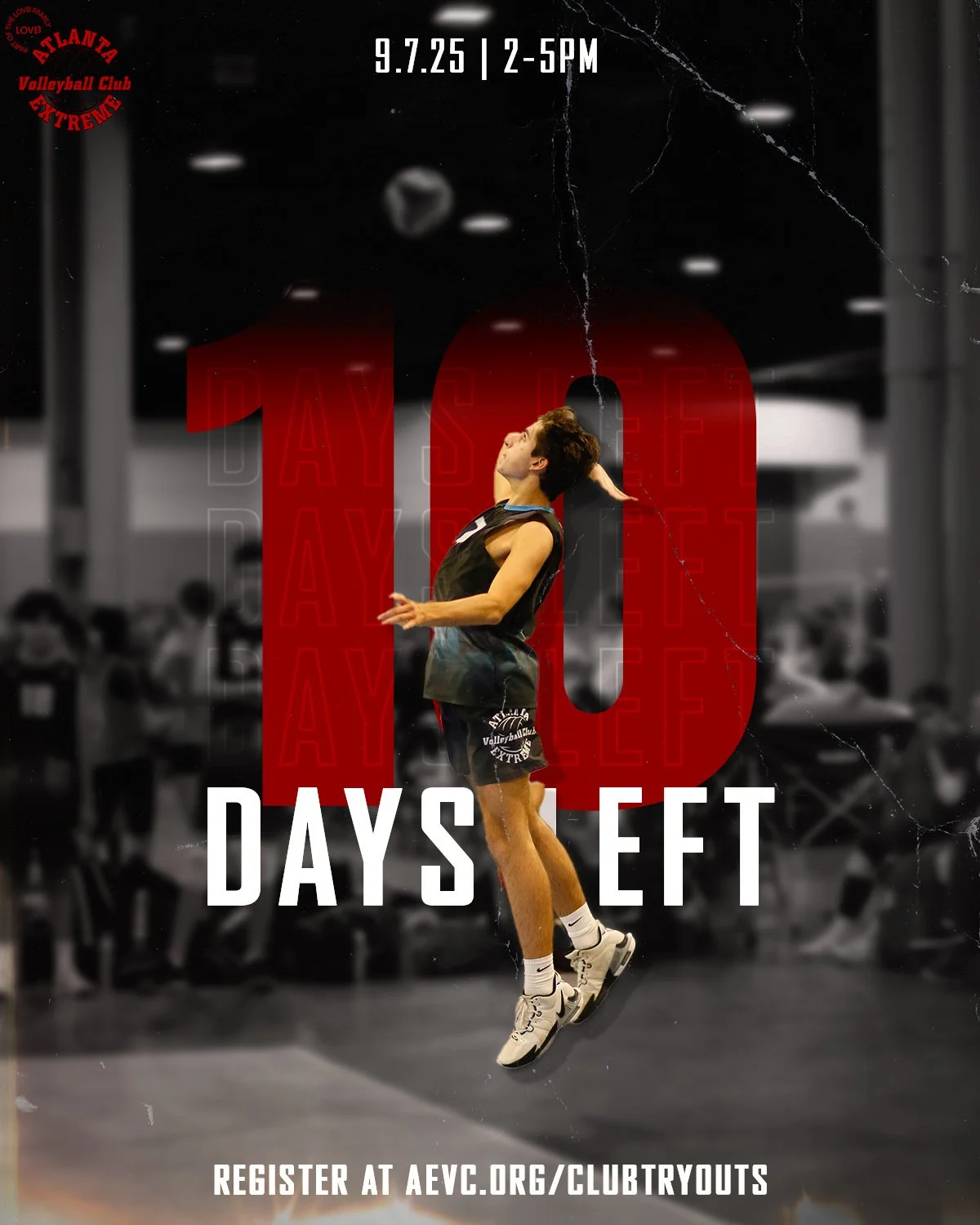 Poster for Atlanta Volleyball Club's 10 days of tryouts event on September 7-25, from 2 to 5 PM. It features a volleyball player hitting a volleyball with a blurred indoor gym background and details about registration at aevc.org/clubtryouts.