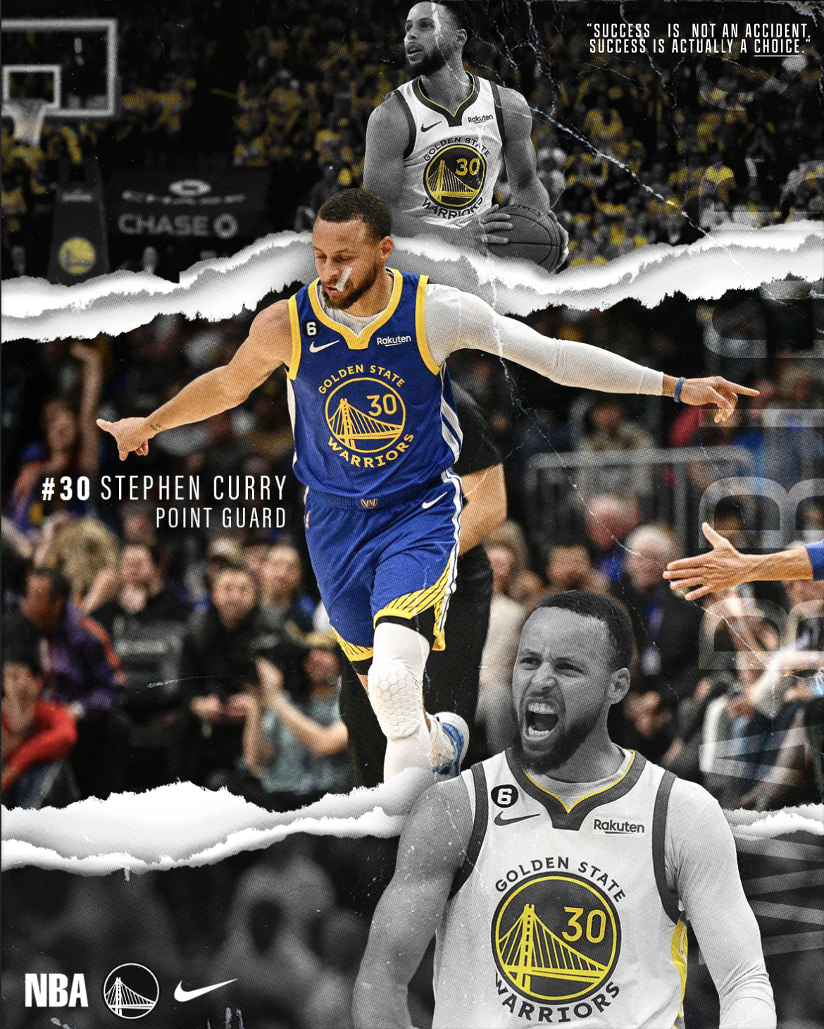 A collage of two images of Stephen Curry, a Golden State Warriors basketball player, with a quote at the top saying, 'Success is not an accident, success is actually a choice.' The foreground shows him celebrating in his basketball uniform, and the background features a black-and-white action shot of him taking a shot.