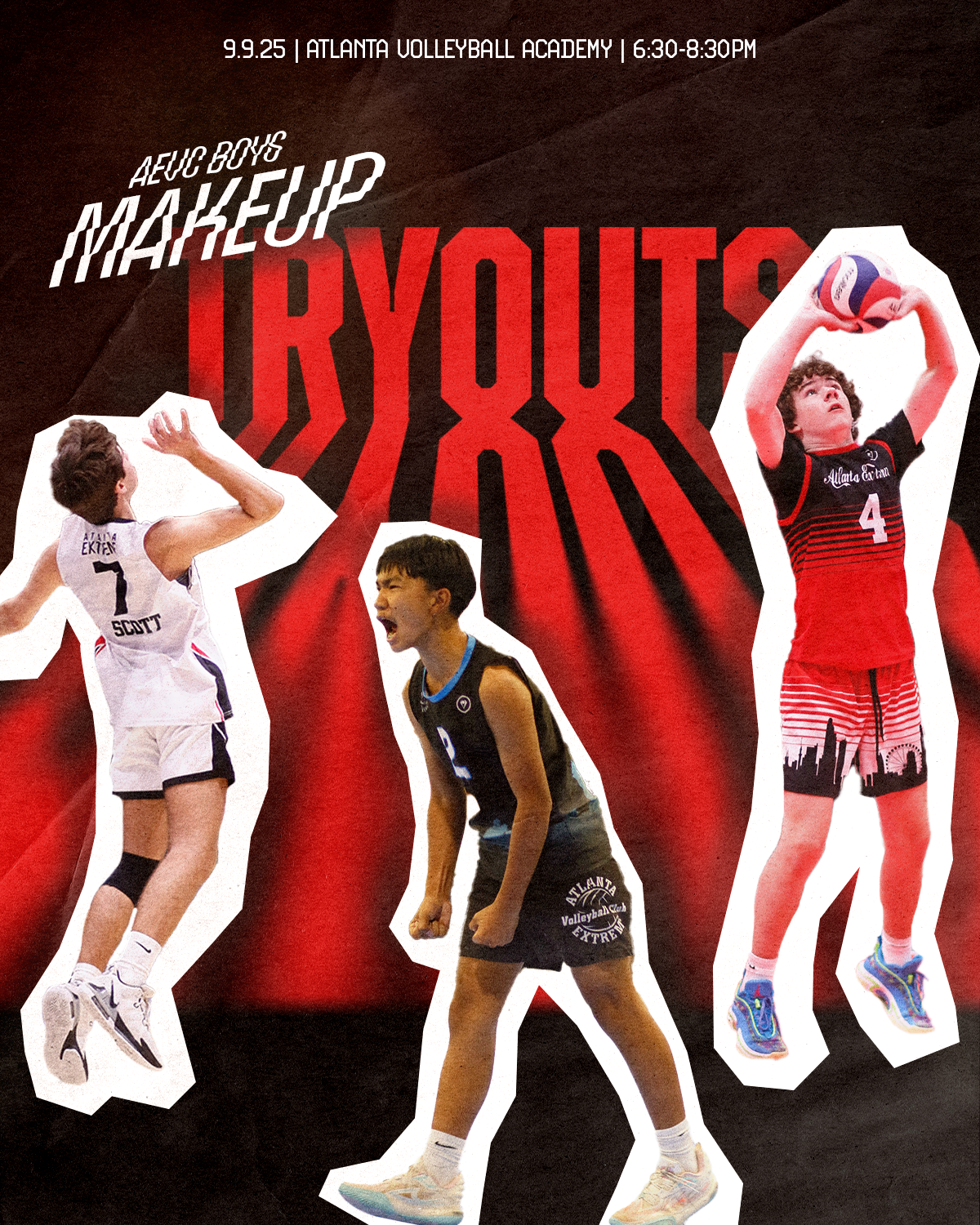 Promotion for Atlanta Volleyball Academy's tryouts on September 25th from 6:30 to 8:30 PM, featuring three young volleyball players in action.