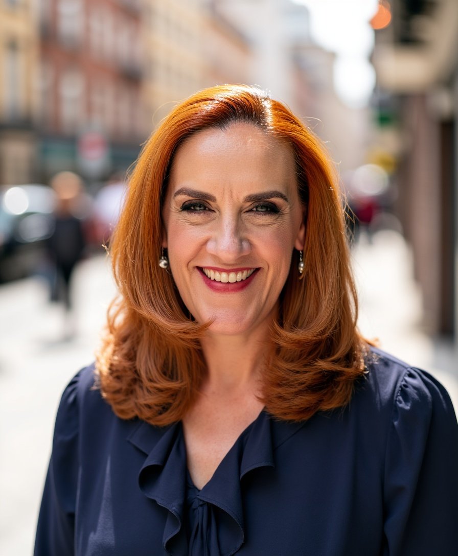Woman with red hair and blue blouse on a blurred city stress